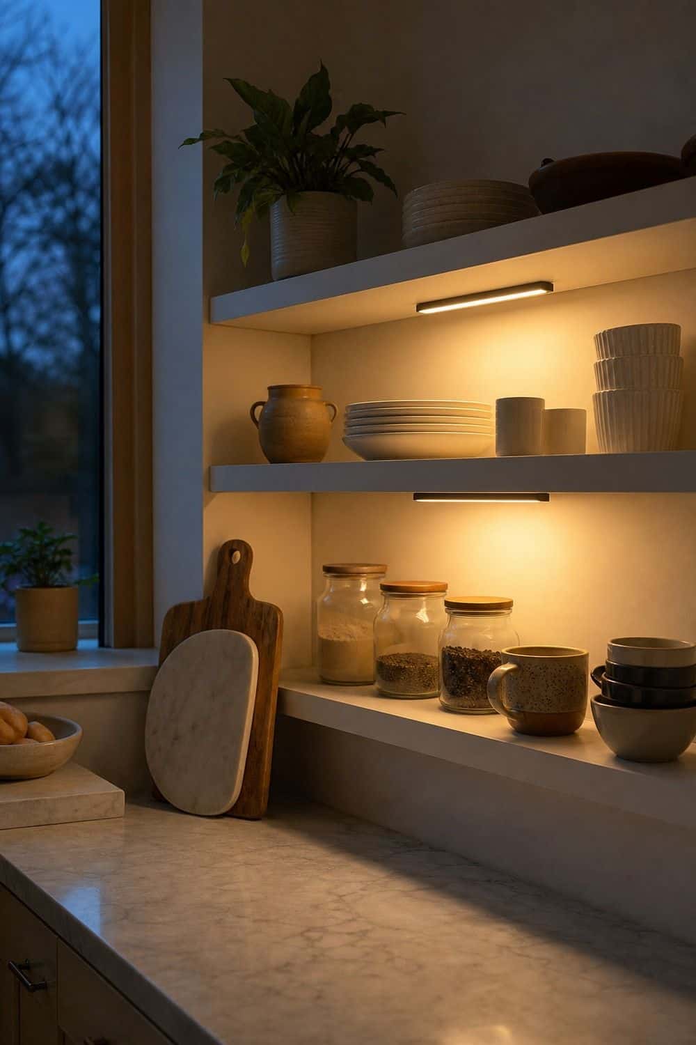 25 Open Shelving Kitchen Ideas for Display and Daily Use Shelf Lighting for Evening Visibility open shelving kitchen idea