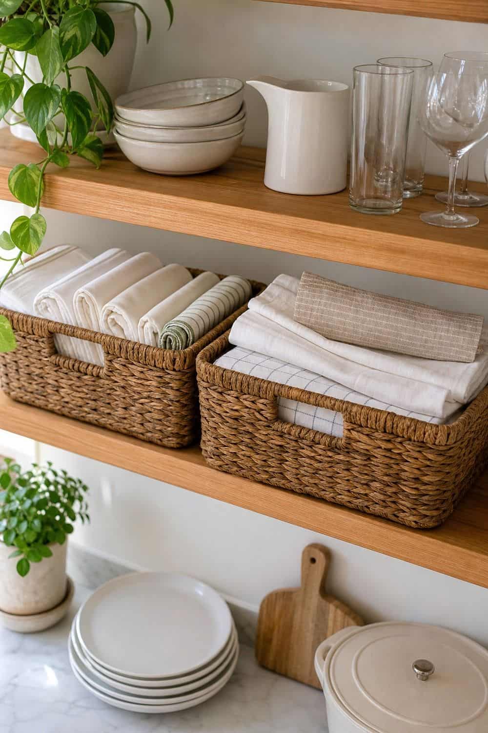 25 Open Shelving Kitchen Ideas for Display and Daily Use Baskets Only for Light Linens open shelving kitchen idea