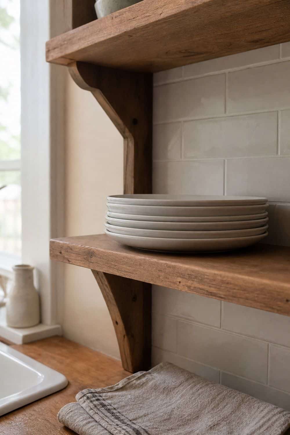 25 Open Shelving Kitchen Organization Ideas 2. Lowest Shelf for Daily Plates
