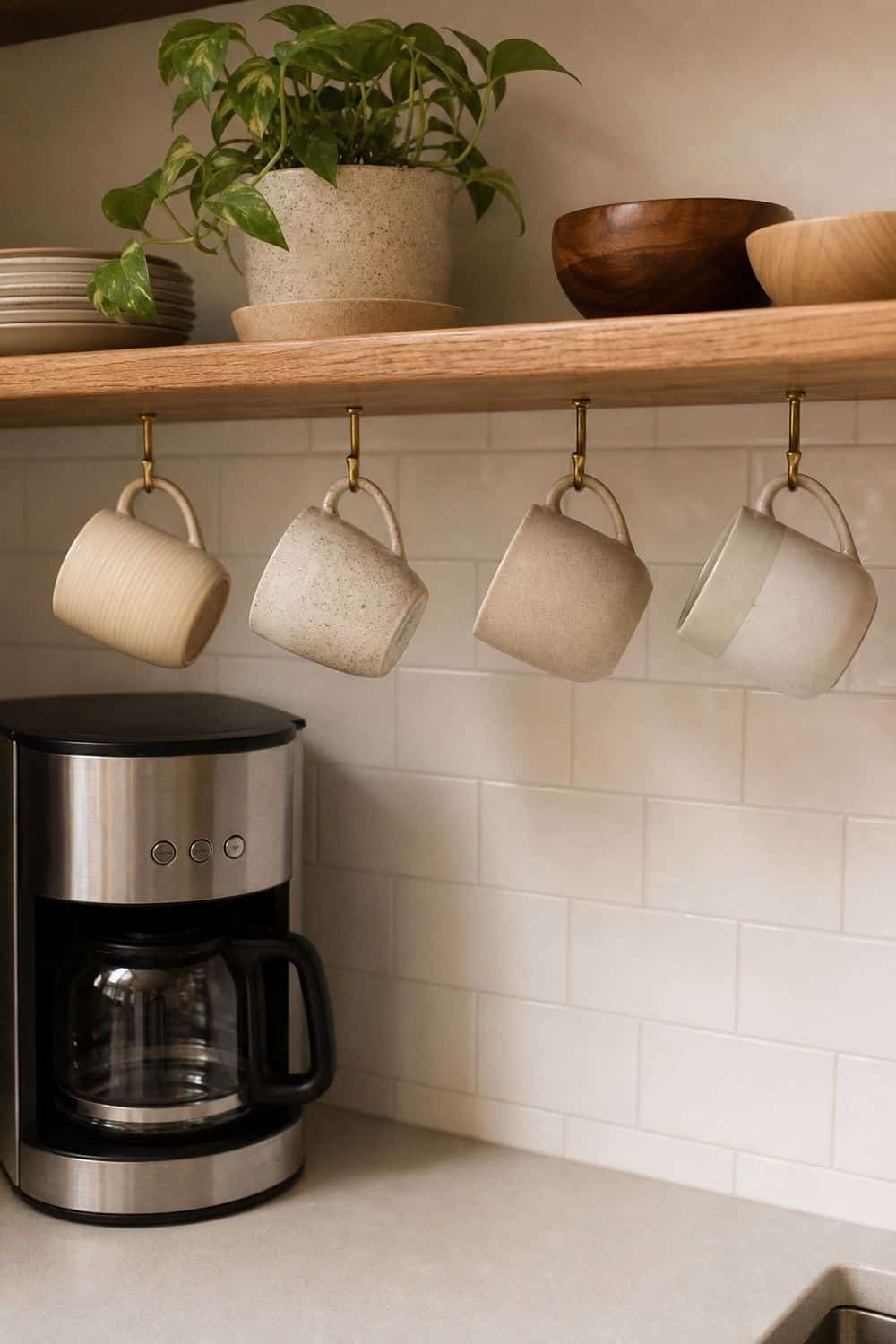 25 Open Shelving Kitchen Organization Ideas 4. Under-Shelf Mug Hooks