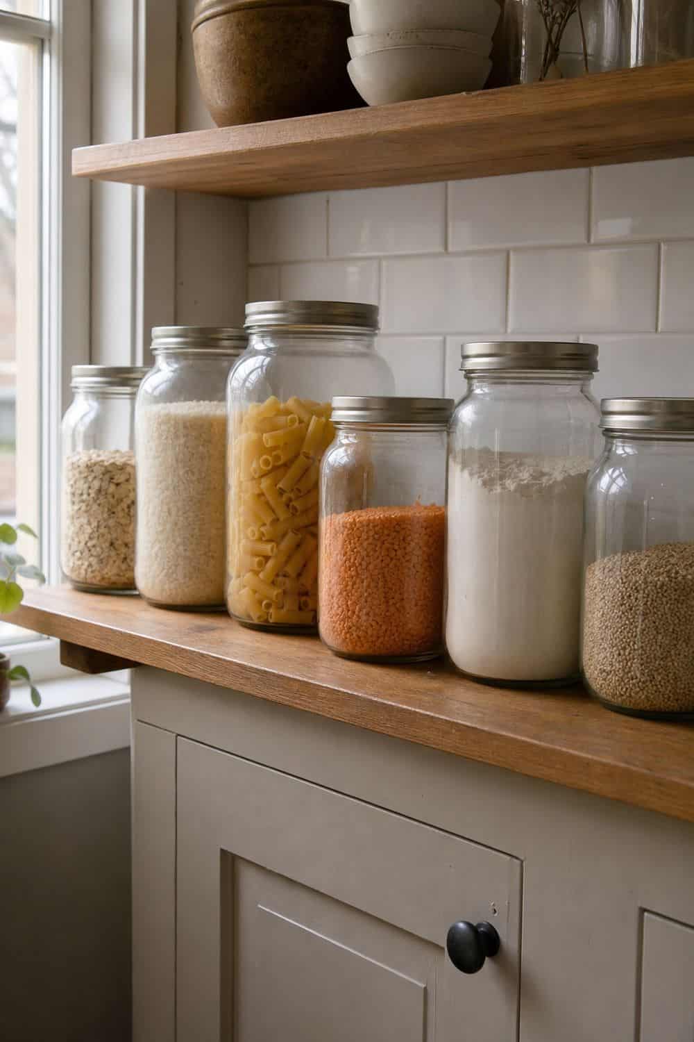 25 Open Shelving Kitchen Organization Ideas 6. Clear Jars for Pantry Staples