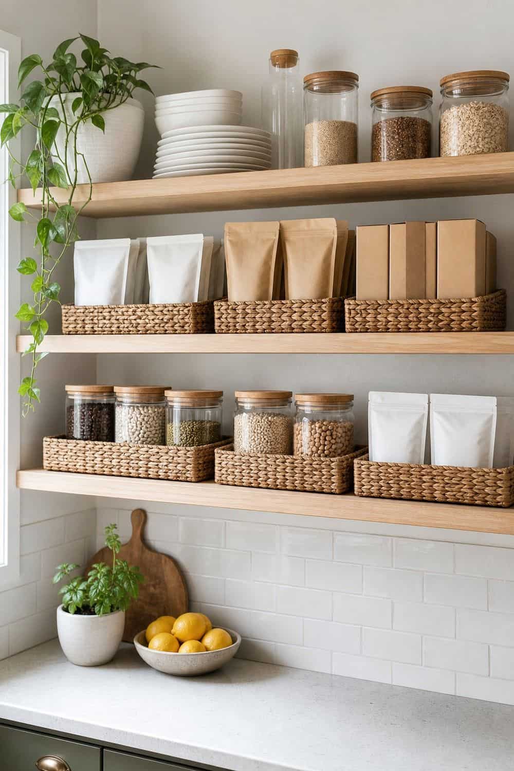 25 Open Shelving Kitchen Organization Ideas 7. Shallow Baskets for Packages