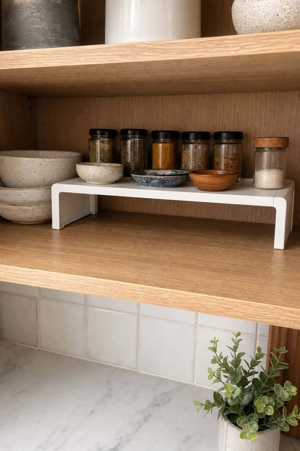 25 Open Shelving Kitchen Organization Ideas 8. Shelf Risers for Short Pieces