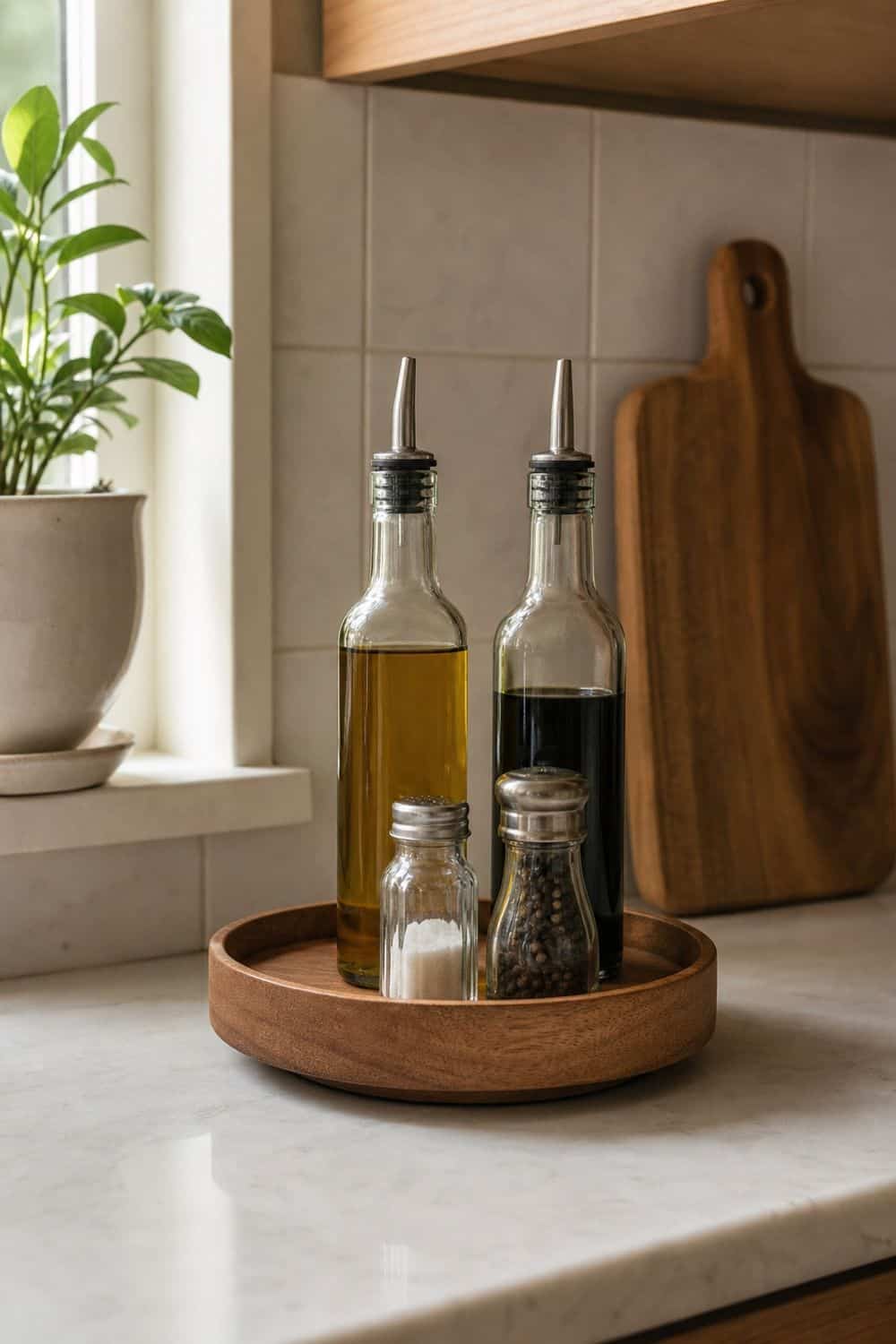 25 Open Shelving Kitchen Organization Ideas 9. Turntable for Oils and Vinegar