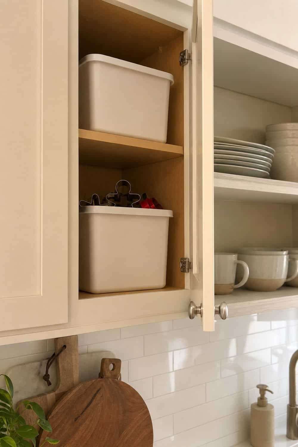 25 Open Shelving Kitchen Organization Ideas 15. Closed Bins for Seasonal Pieces