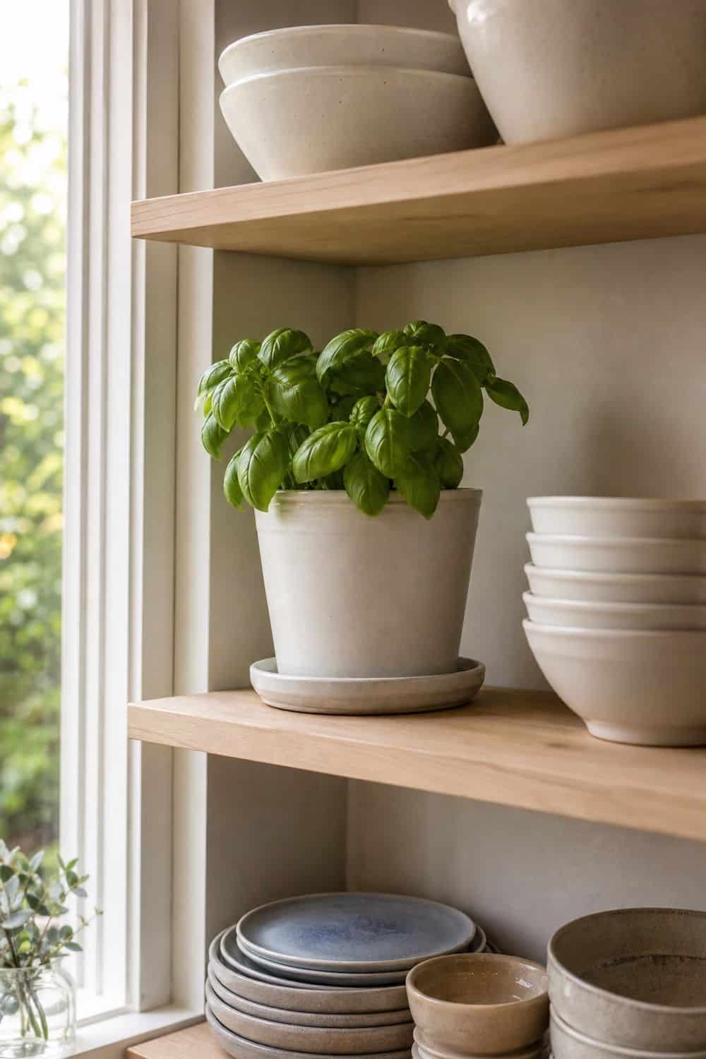 25 Open Shelving Kitchen Organization Ideas 16. Low Plant or Herb Moment