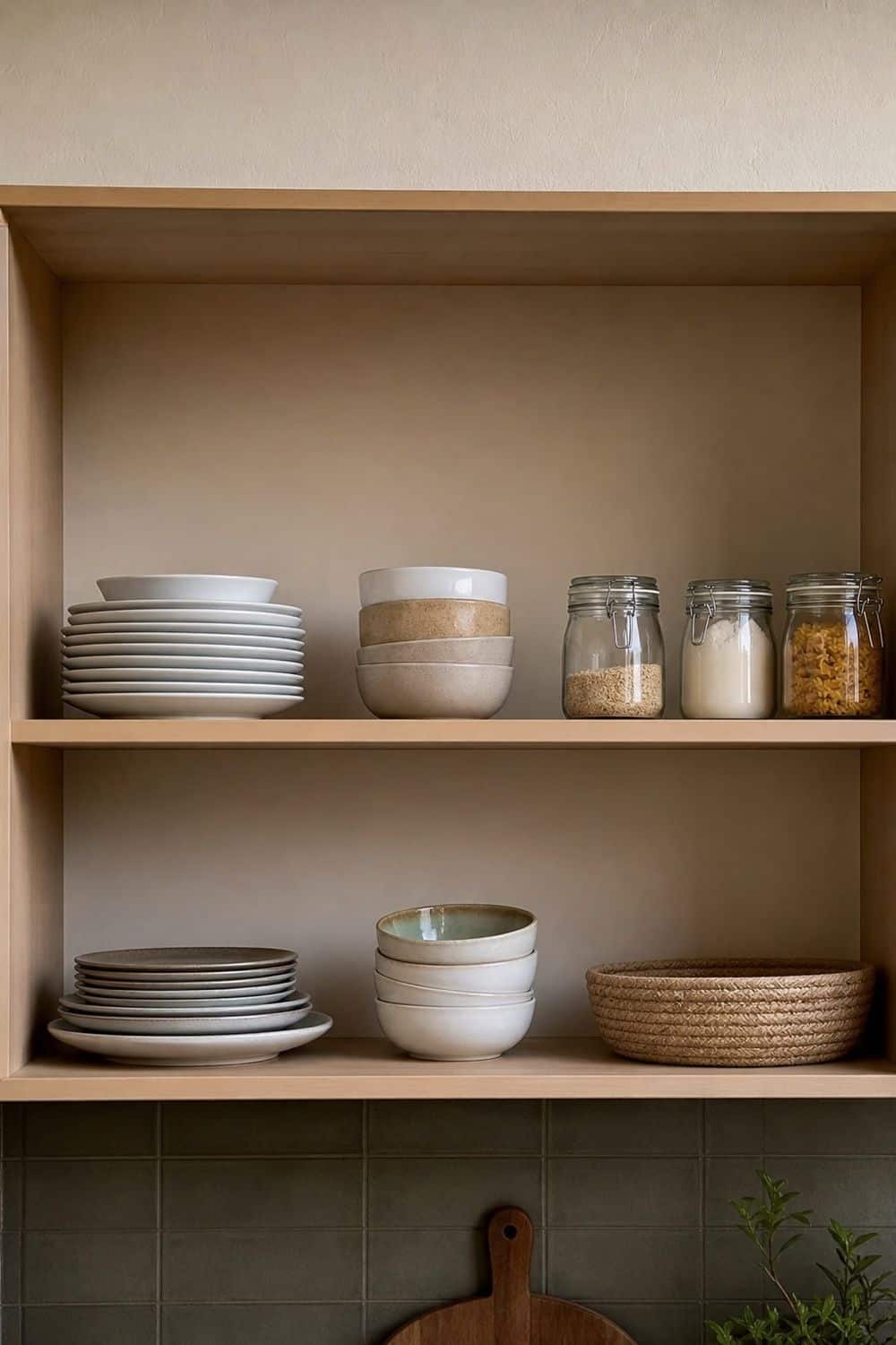 25 Open Shelving Kitchen Organization Ideas 20. Breathing Room Between Stacks
