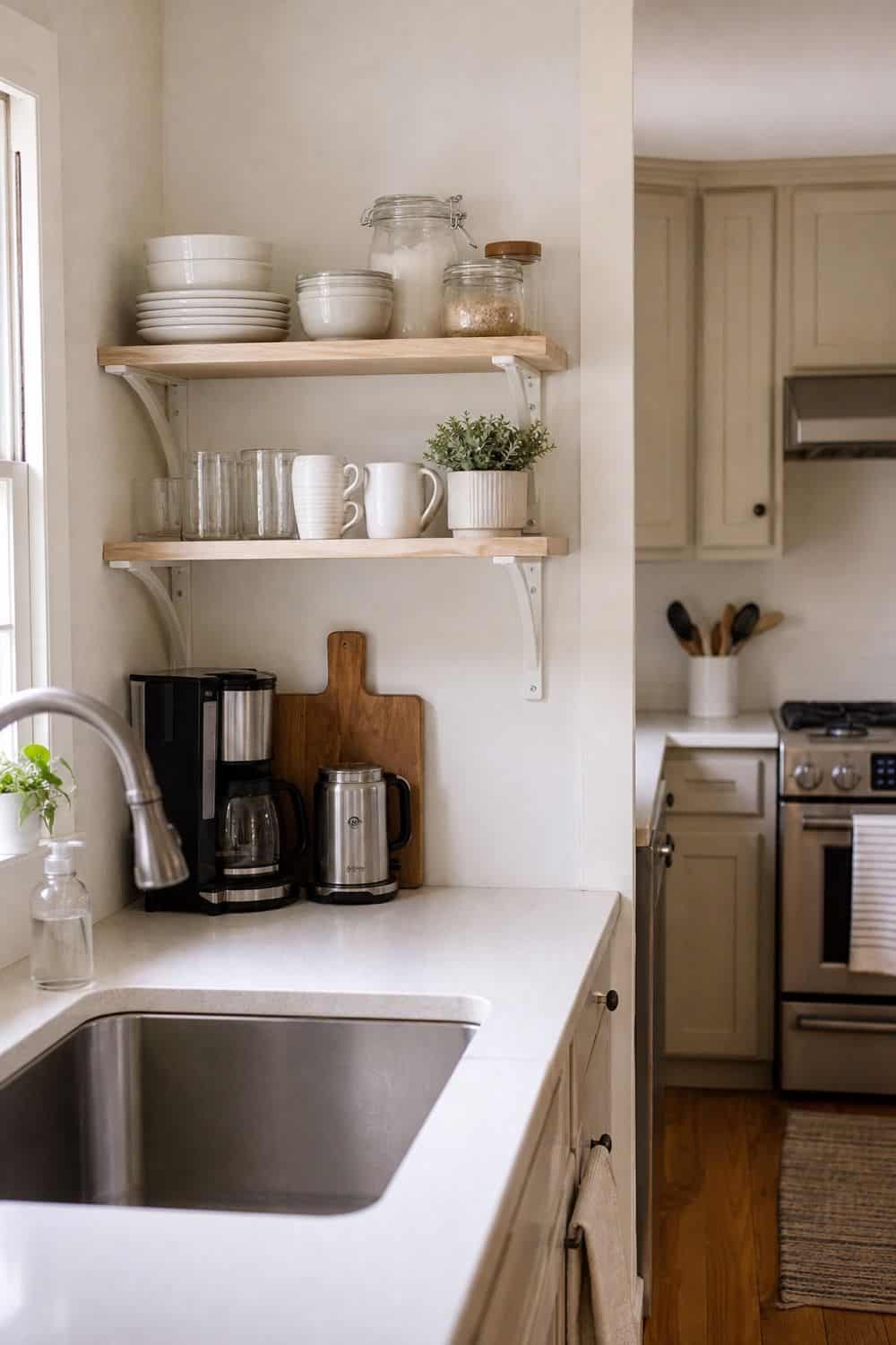 25 Open Shelving Kitchen Organization Ideas 22. Shelves Away From the Greasiest Zone