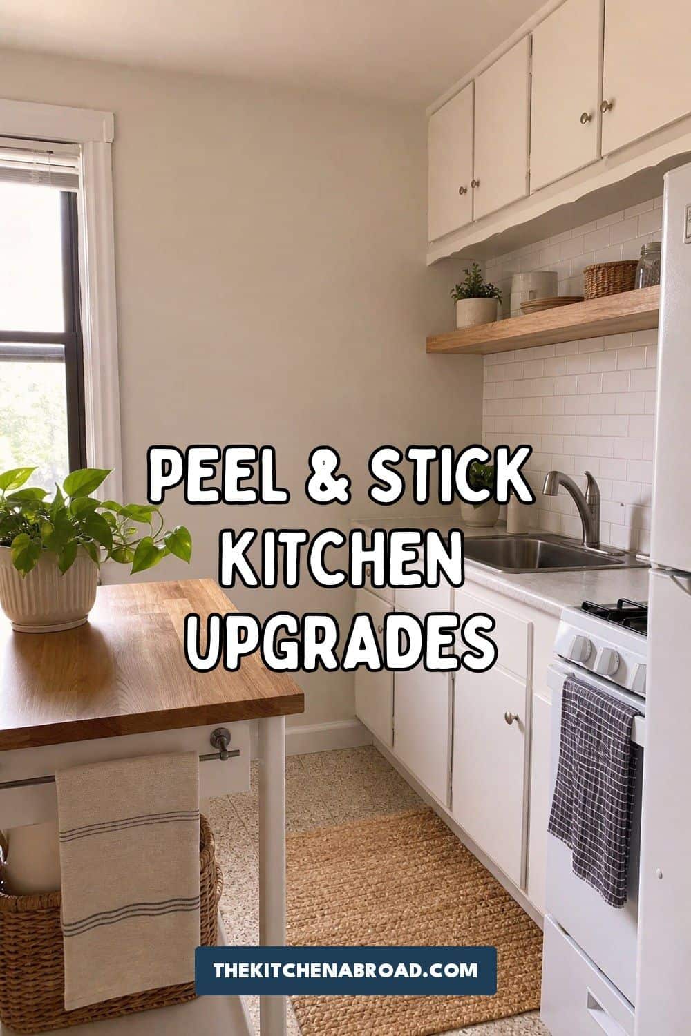 Peel and stick kitchen upgrades in a compact apartment kitchen