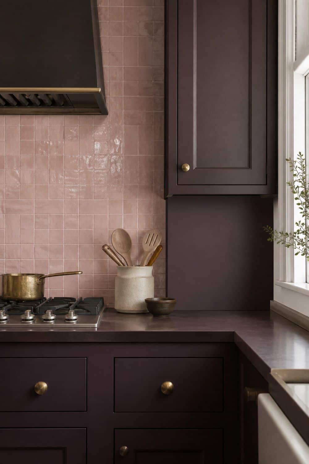 25 Plum Noir Kitchen Ideas for Dark, Dramatic Style 8. Add Blush Tile for Tonal Softness