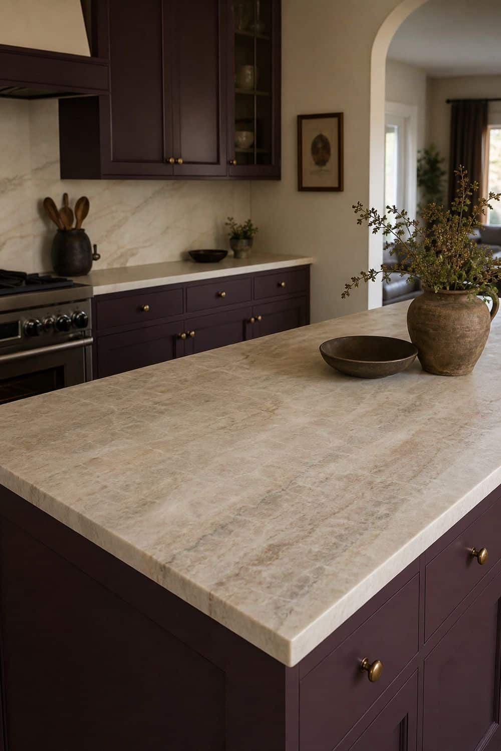 25 Plum Noir Kitchen Ideas for Dark, Dramatic Style 10. Use Honed Cream Quartzite for Relief