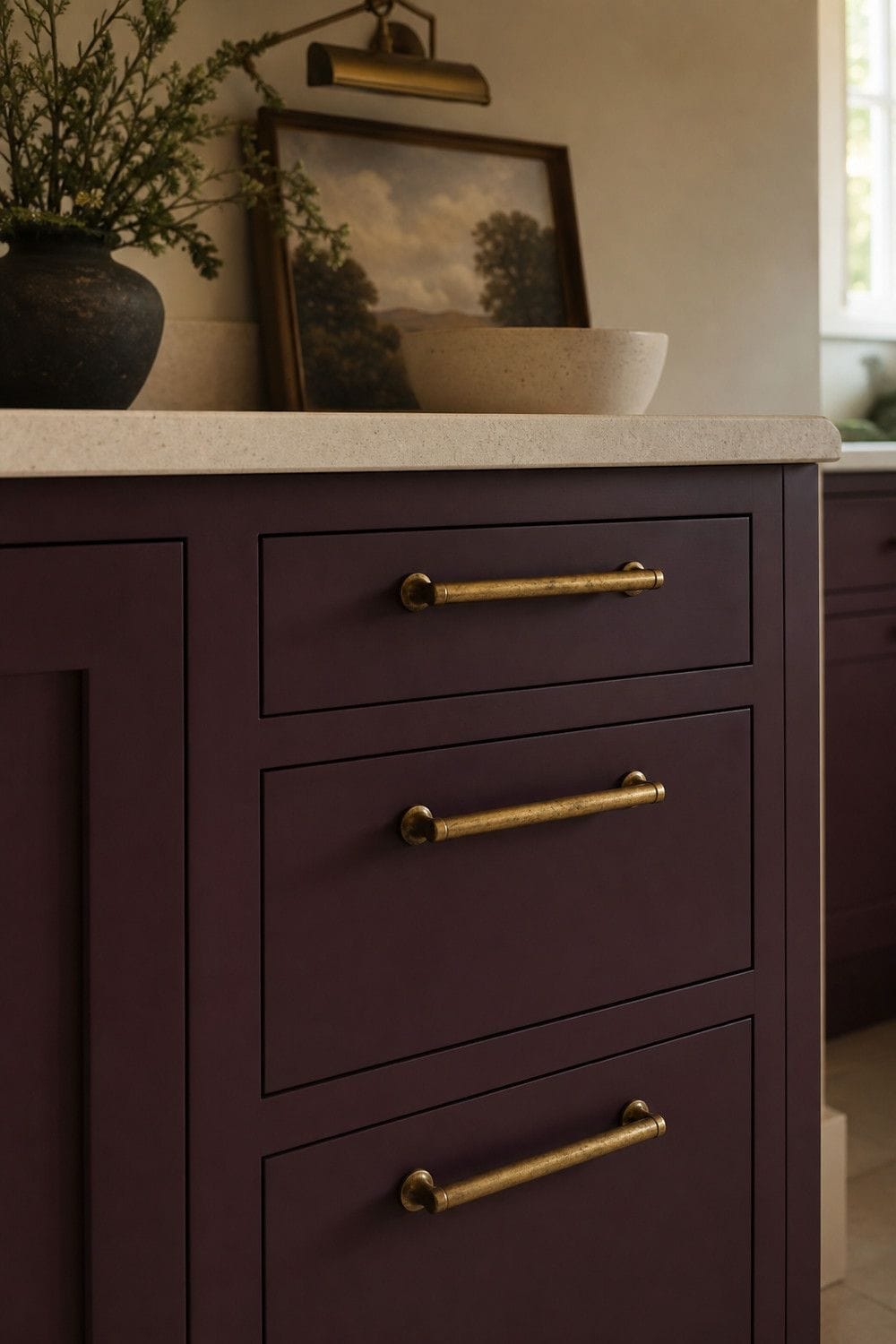 25 Plum Noir Kitchen Ideas for Dark, Dramatic Style 11. Warm Plum Cabinets With Aged Brass Pulls