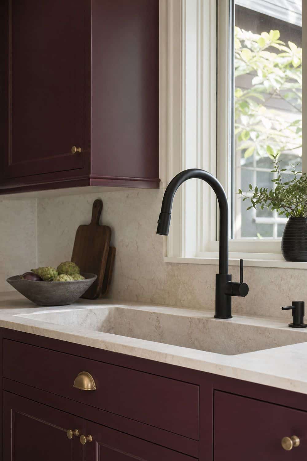 25 Plum Noir Kitchen Ideas for Dark, Dramatic Style 13. Use a Soft Black Faucet