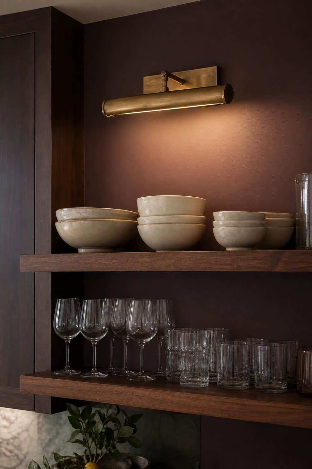 25 Plum Noir Kitchen Ideas for Dark, Dramatic Style 15. Add a Picture Light Over Plum Shelves