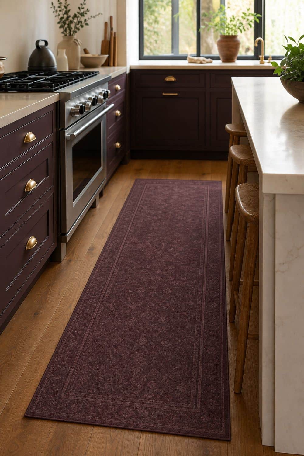 25 Plum Noir Kitchen Ideas for Dark, Dramatic Style 17. Use a Plum Runner to Soften the Floor