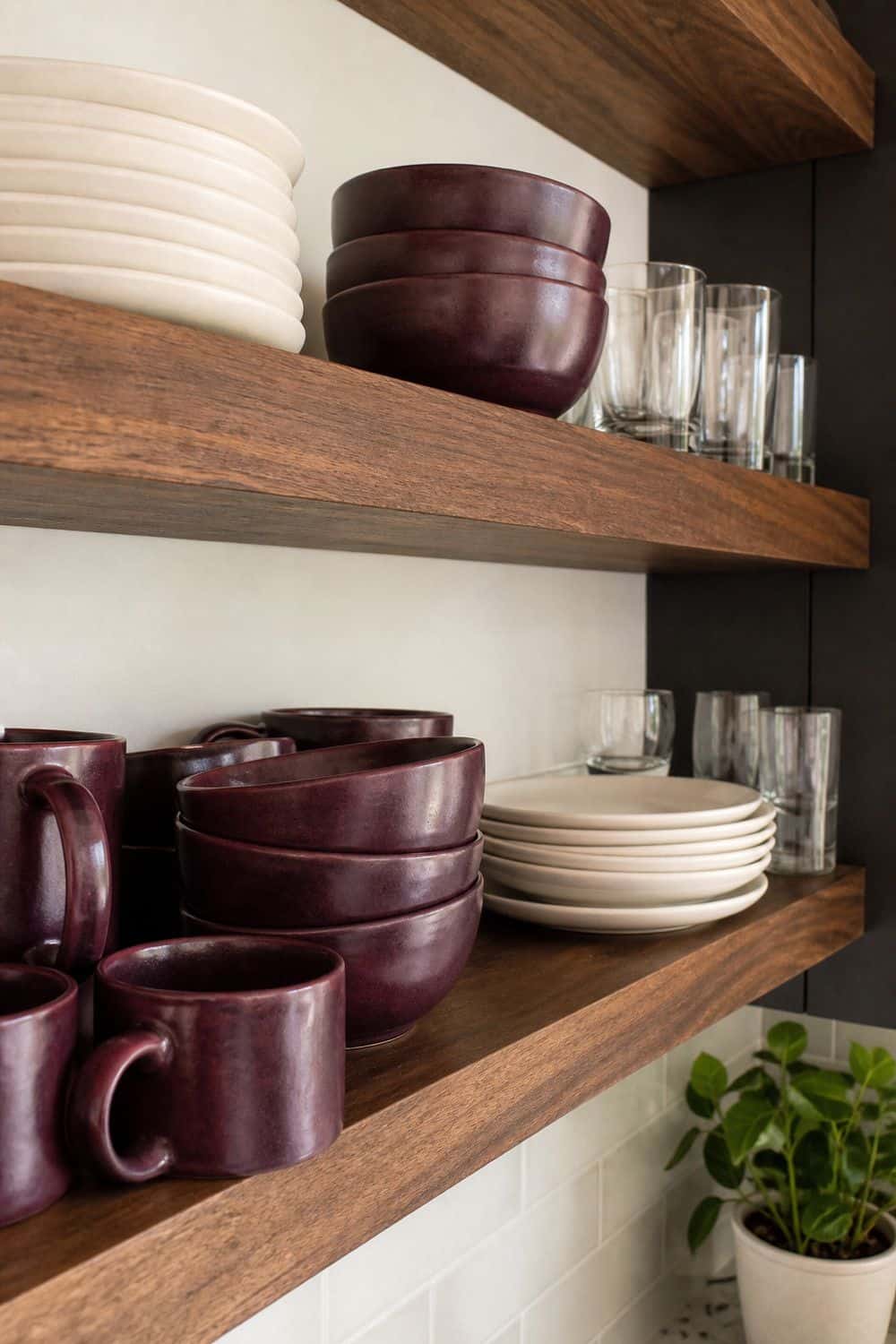 25 Plum Noir Kitchen Ideas for Dark, Dramatic Style 19. Add Deep Plum Stoneware to Open Shelves