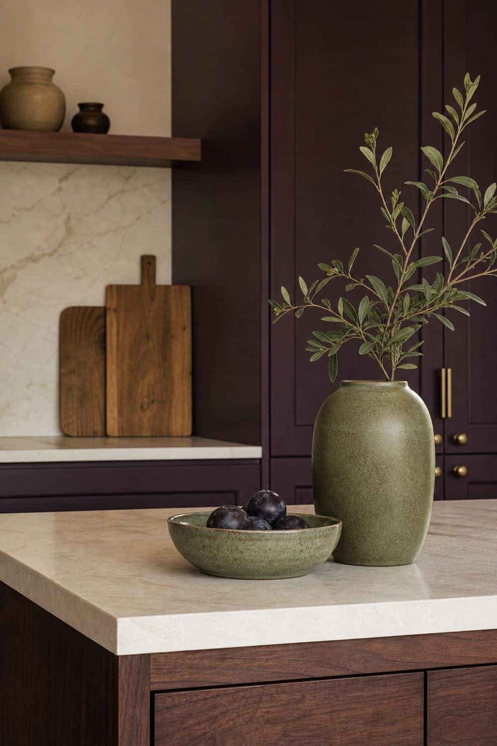 25 Plum Noir Kitchen Ideas for Dark, Dramatic Style 20. Use Olive Green as a Grounding Accent