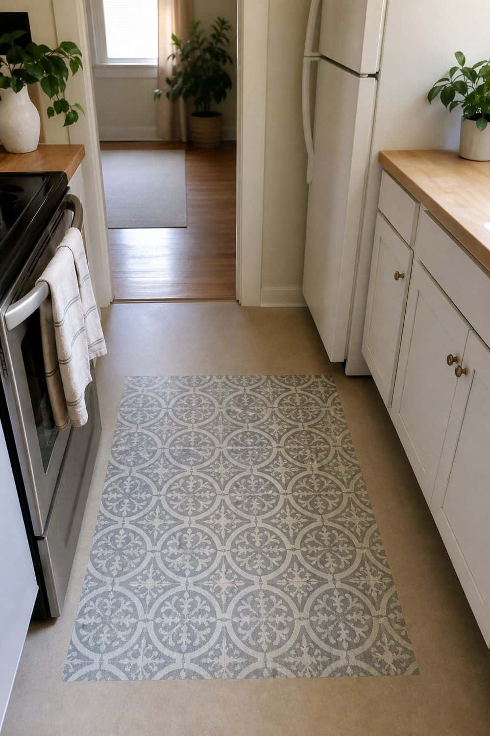 17. Peel and Stick Floor Tiles for a Small Kitchen Zone
