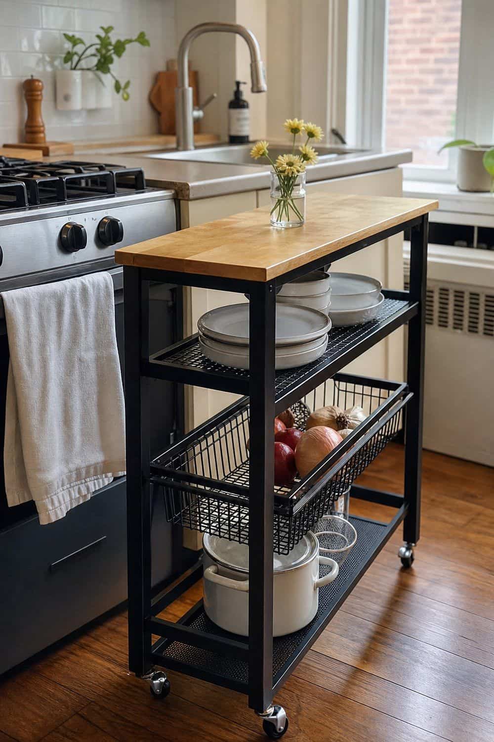 15 Best Small Apartment Kitchen Decor Finds Slim Rolling Kitchen Cart for Moveable Counter Storage in a small apartment kitchen