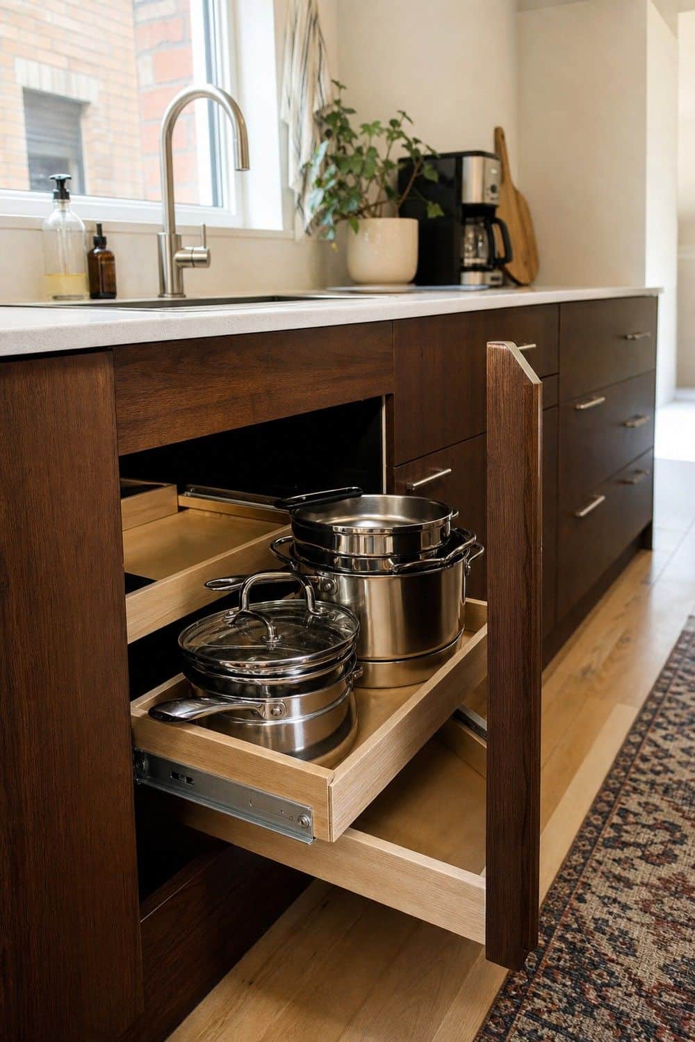 25 Small Kitchen Organization Ideas That Save Space small kitchen organization section 05 install pull out shelves in deep cabinets