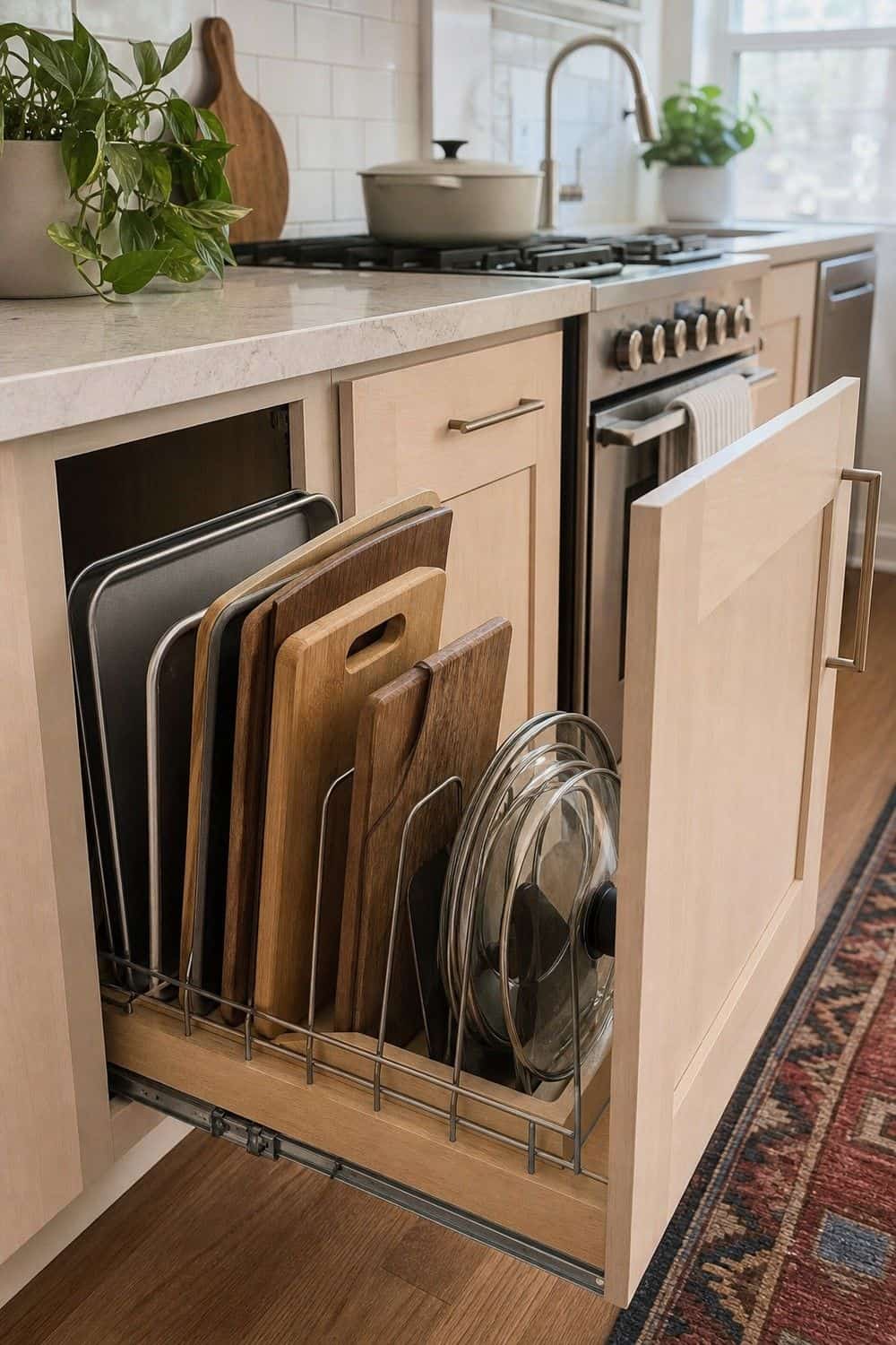25 Small Kitchen Organization Ideas That Save Space small kitchen organization section 07 file pans and cutting boards vertically