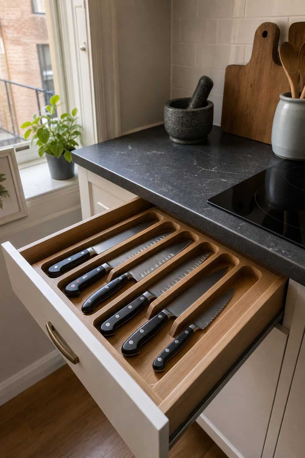 25 Small Kitchen Organization Ideas That Save Space small kitchen organization section 10 replace a knife block with wall or drawer storage
