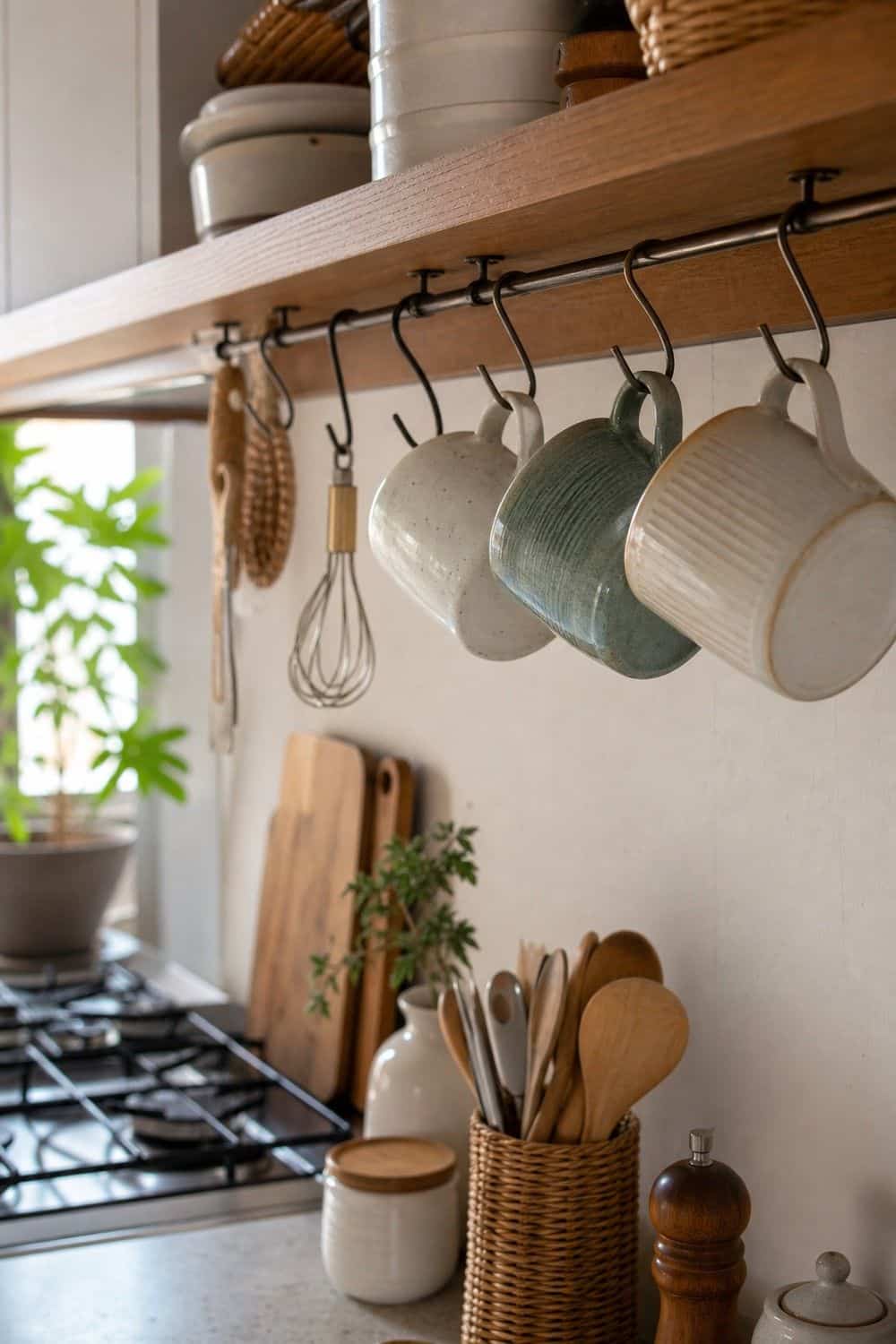 25 Small Kitchen Organization Ideas That Save Space small kitchen organization section 12 use s hooks under shelves or rails