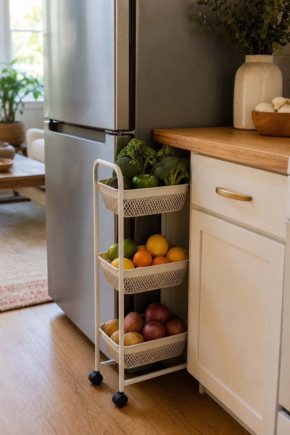 25 Small Kitchen Organization Ideas That Save Space small kitchen organization section 14 add a slim rolling cart for overflow