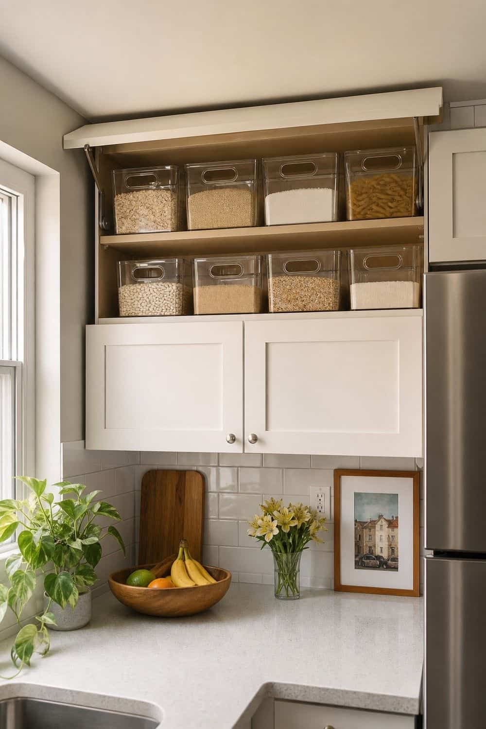 25 Small Kitchen Organization Ideas That Save Space small kitchen organization section 16 put clear bins on high shelves