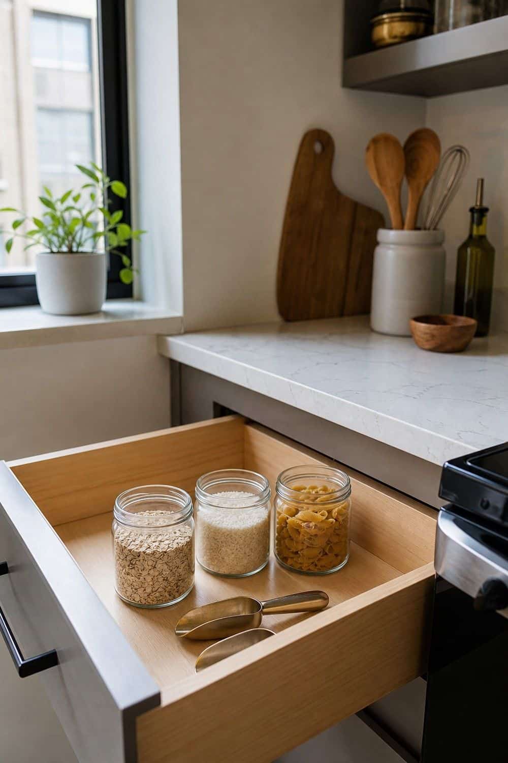 25 Small Kitchen Organization Ideas That Save Space small kitchen organization section 17 decant only the staples you actually use