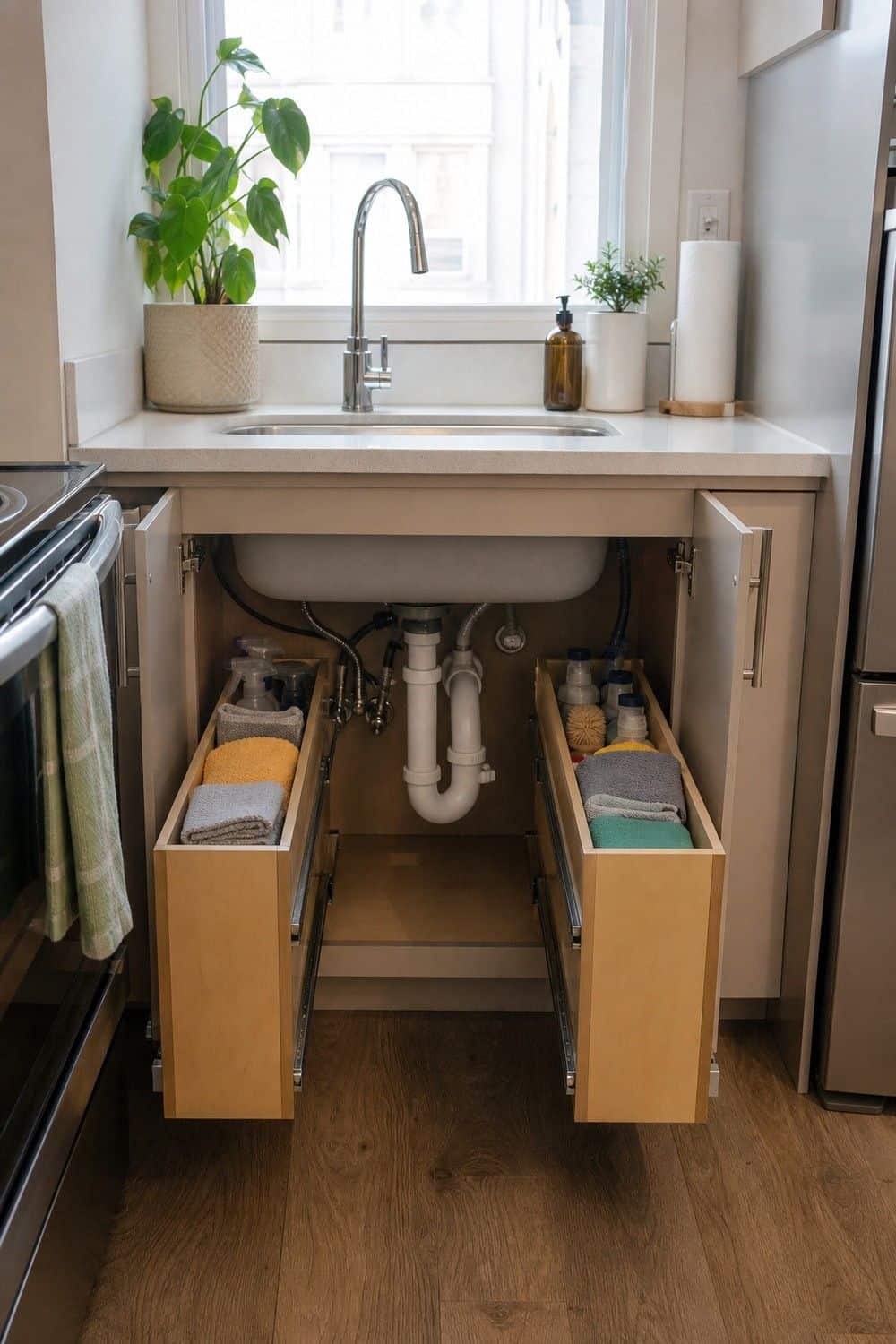 25 Small Kitchen Organization Ideas That Save Space small kitchen organization section 18 make the under sink cabinet pull out friendly