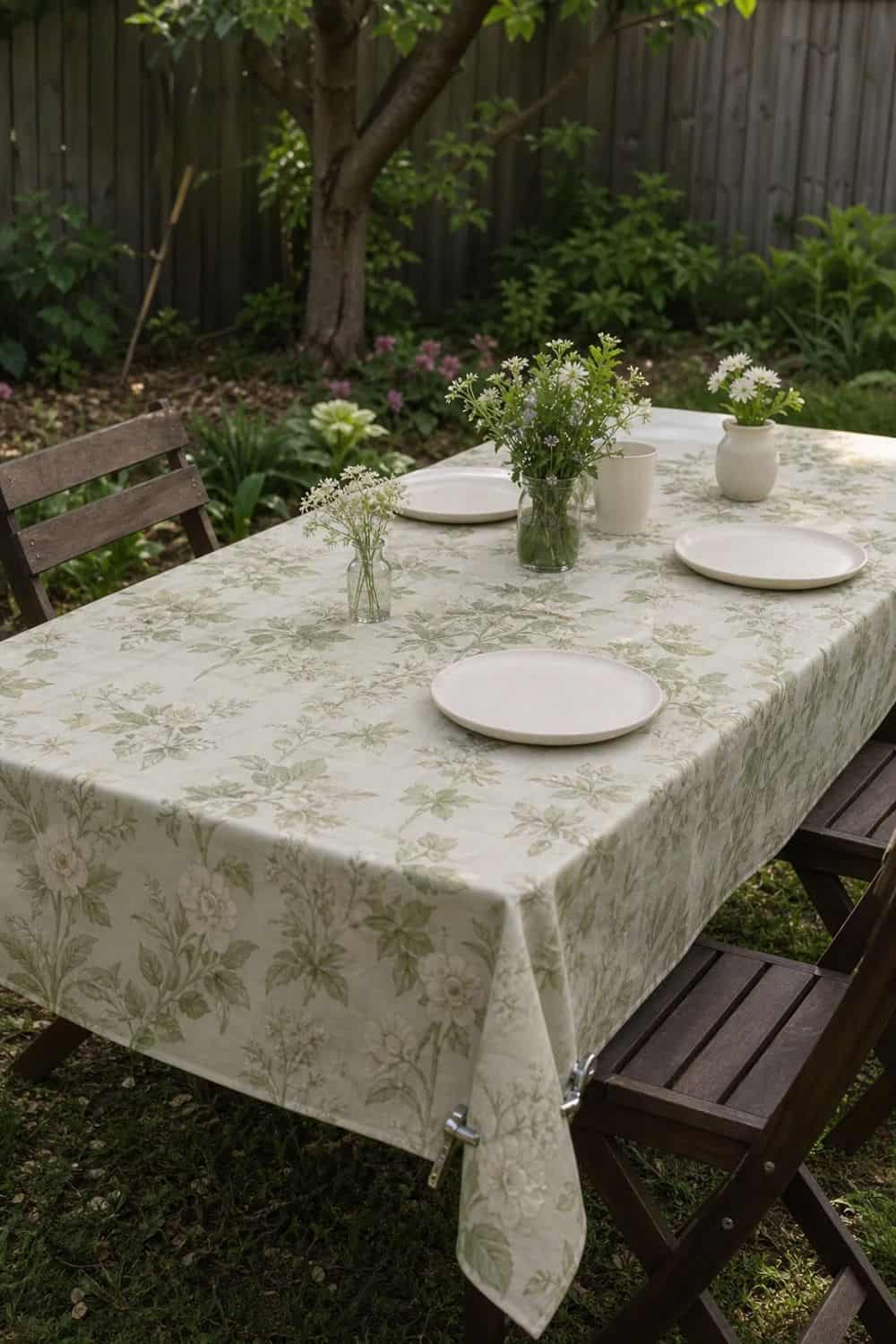 25 Spring Garden Brunch Hosting Ideas for an Outdoor Table Garden-Inspired Tablecloth Base for a spring garden brunch outdoor table