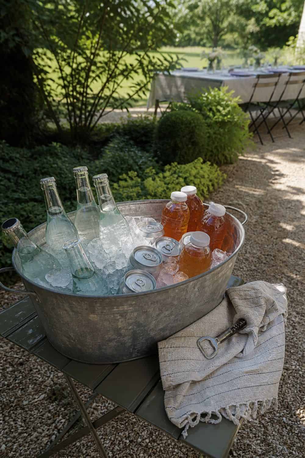 25 Spring Garden Brunch Hosting Ideas for an Outdoor Table Beverage Tub Away From the Food Table for a spring garden brunch outdoor table