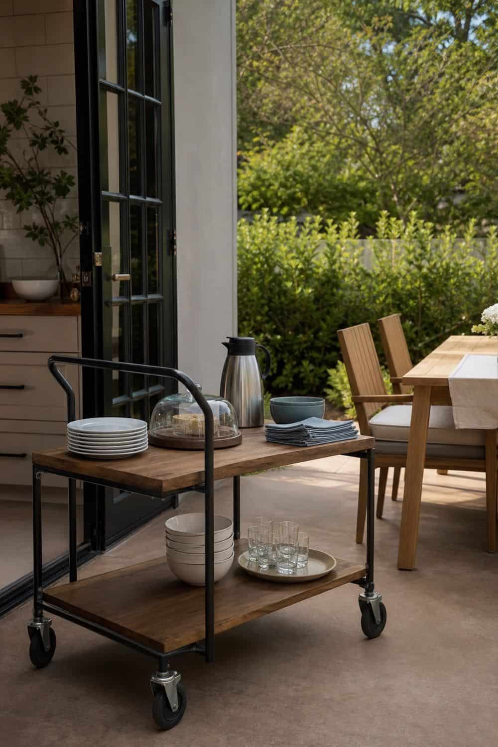25 Spring Garden Brunch Hosting Ideas for an Outdoor Table Serving Cart Between Kitchen and Garden for a spring garden brunch outdoor table