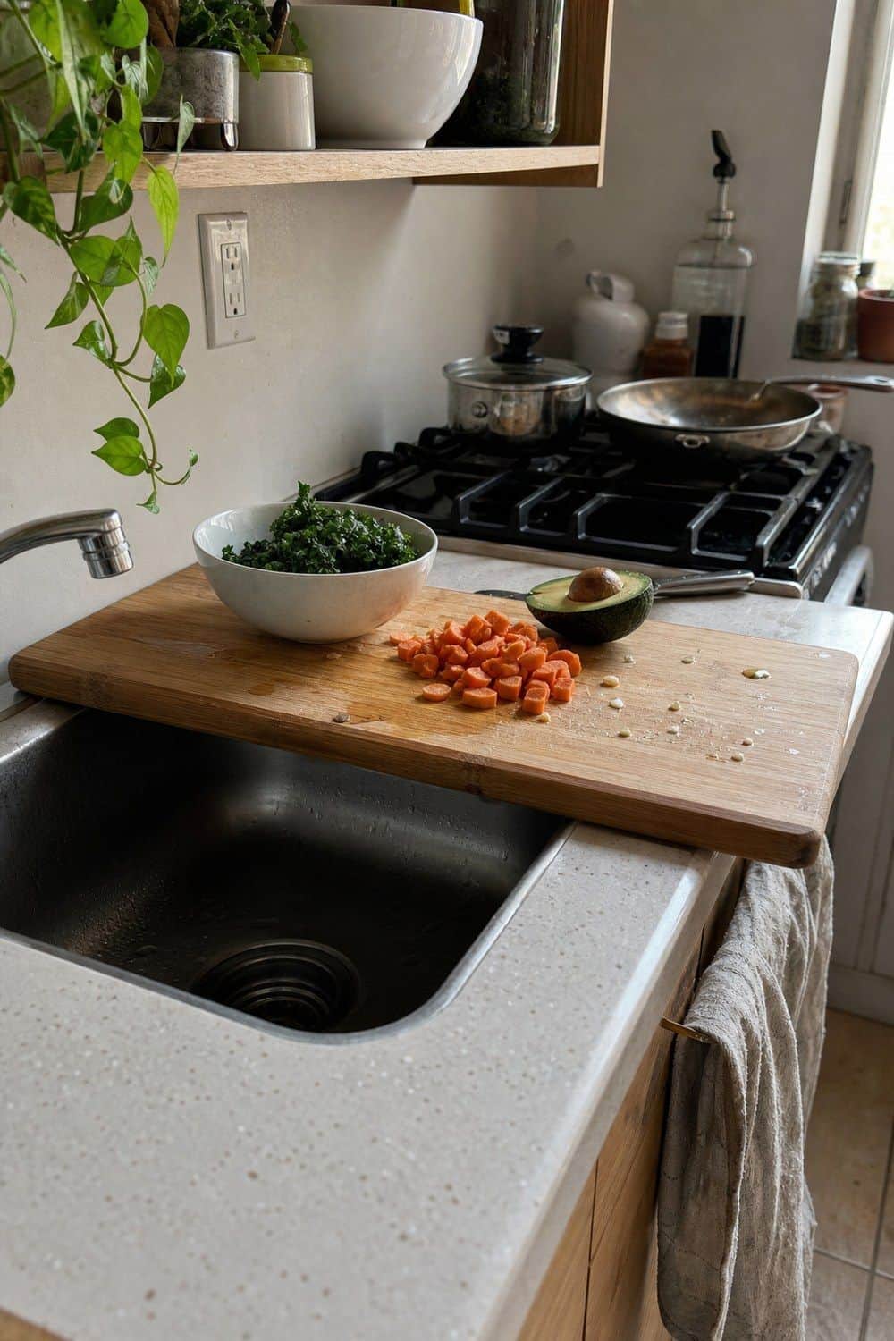 25 Studio Apartment Kitchen Ideas for Calm One-Room Living Cutting board fitted over a kitchen sink