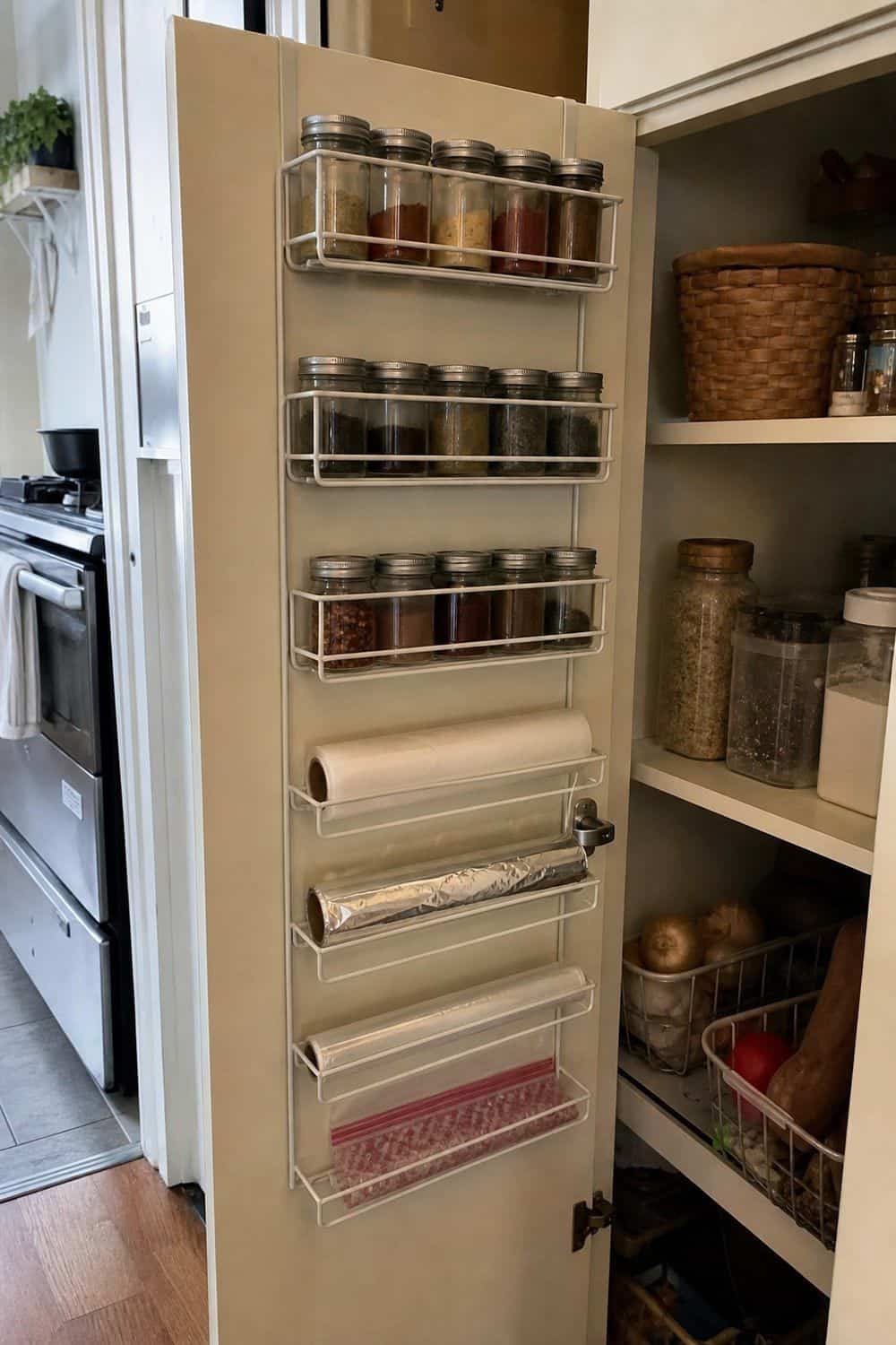25 Studio Apartment Kitchen Ideas for Calm One-Room Living Slim rack on the inside of a cabinet door holding spices