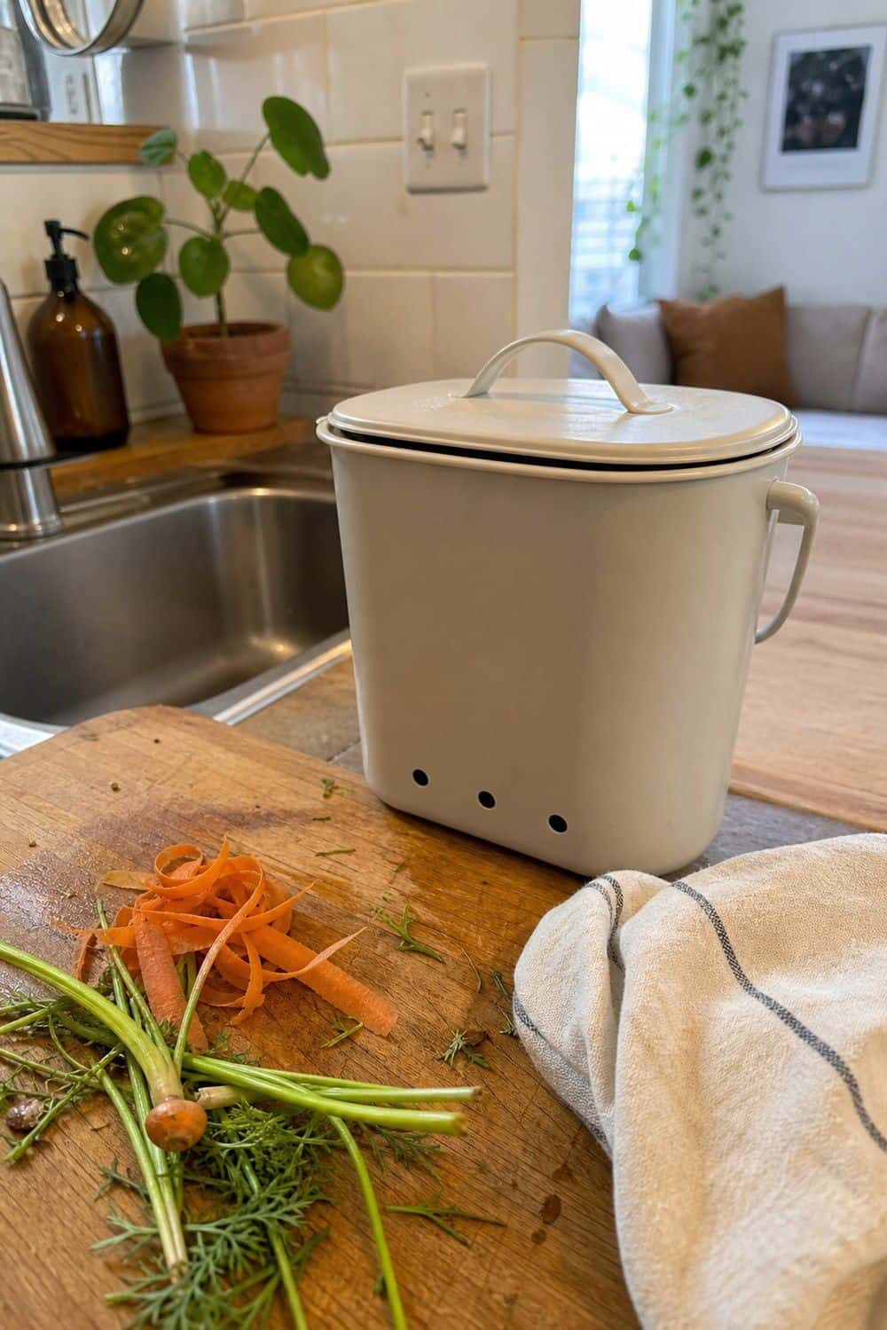 25 Studio Apartment Kitchen Ideas for Calm One-Room Living Small lidded compost bin next to a cutting board