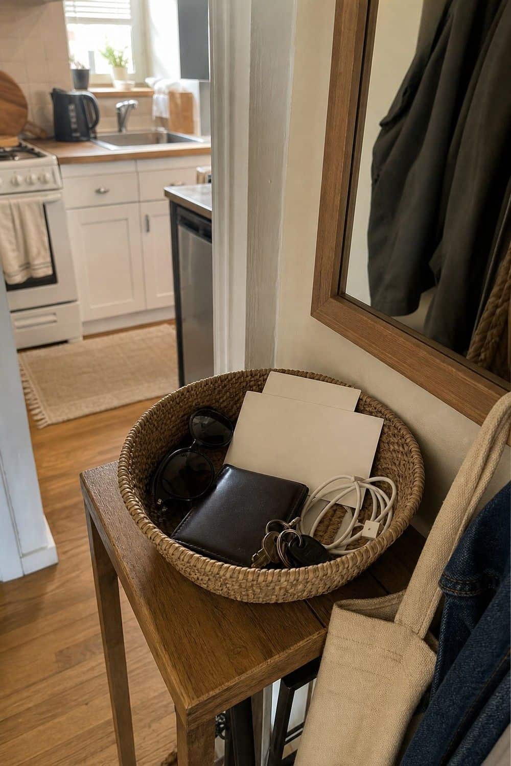 25 Studio Apartment Kitchen Ideas for Calm One-Room Living Basket by the front door holding keys and mail