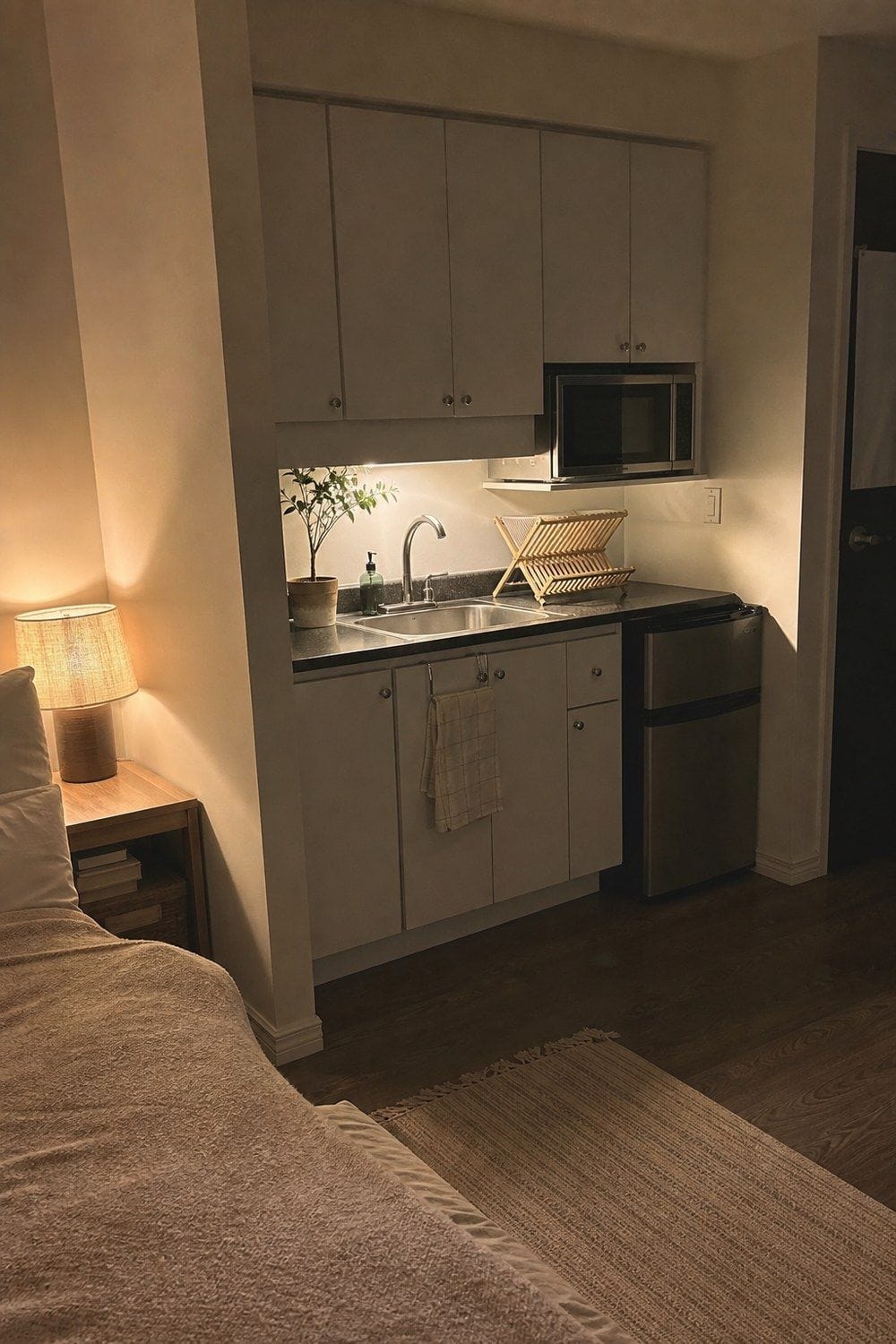 25 Studio Apartment Kitchen Ideas for Calm One-Room Living Clean, cleared studio kitchen counter at night