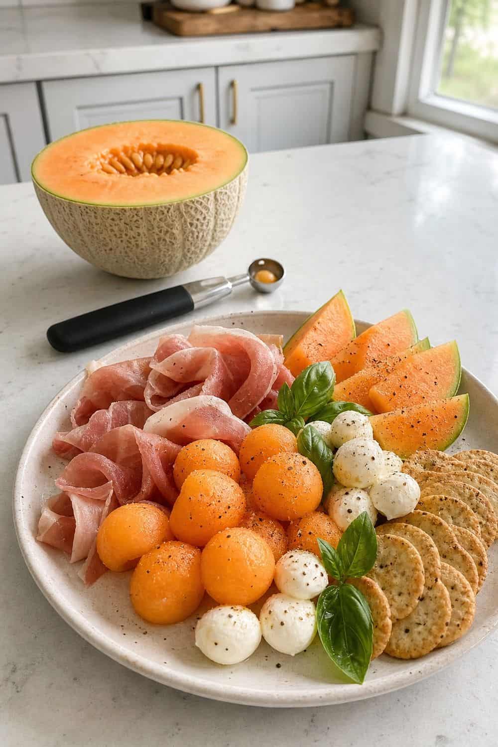 15 Summer Fruit Ideas for Cozy Food Moments Cantaloupe Prosciutto Snack Plate summer fruit idea