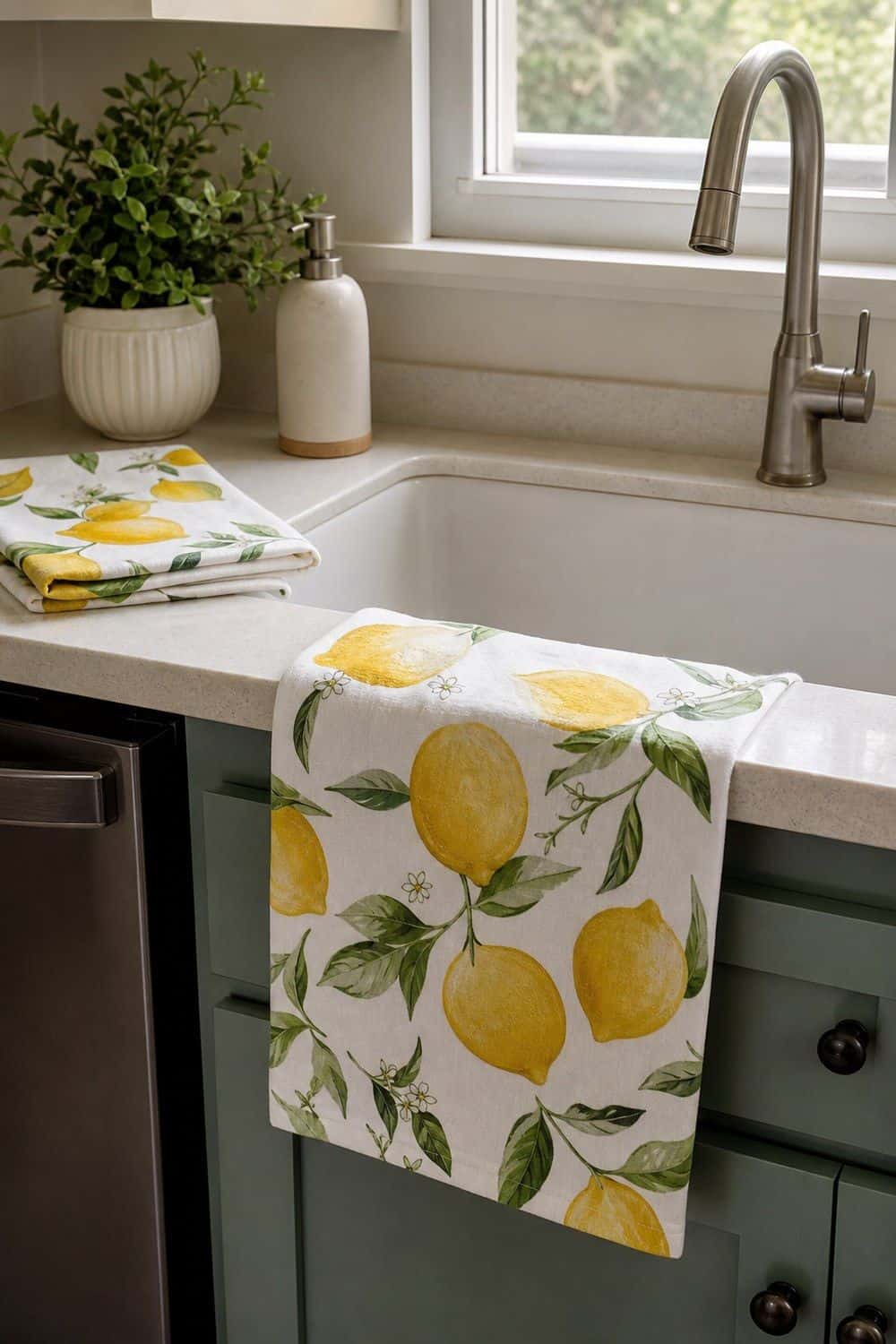 25 Summer Kitchen Decor Ideas for a Lighter Seasonal Look Lemon Towels by the Sink in a bright, realistic summer kitchen setting
