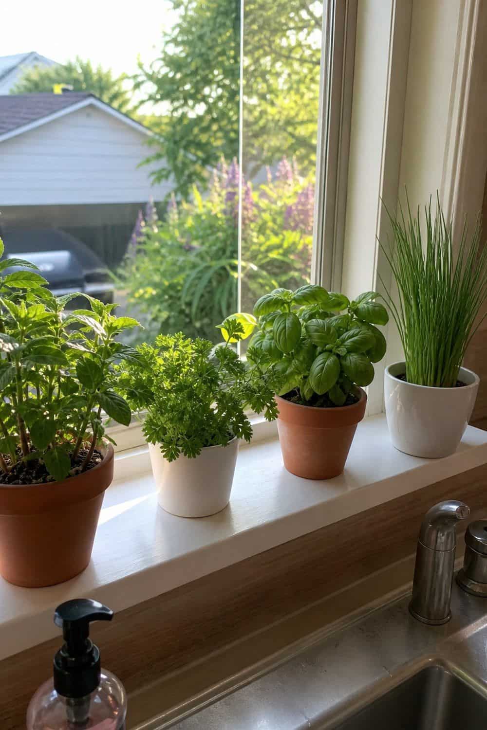 25 Summer Kitchen Decor Ideas for a Lighter Seasonal Look Windowsill Herb Pots in a bright, realistic summer kitchen setting