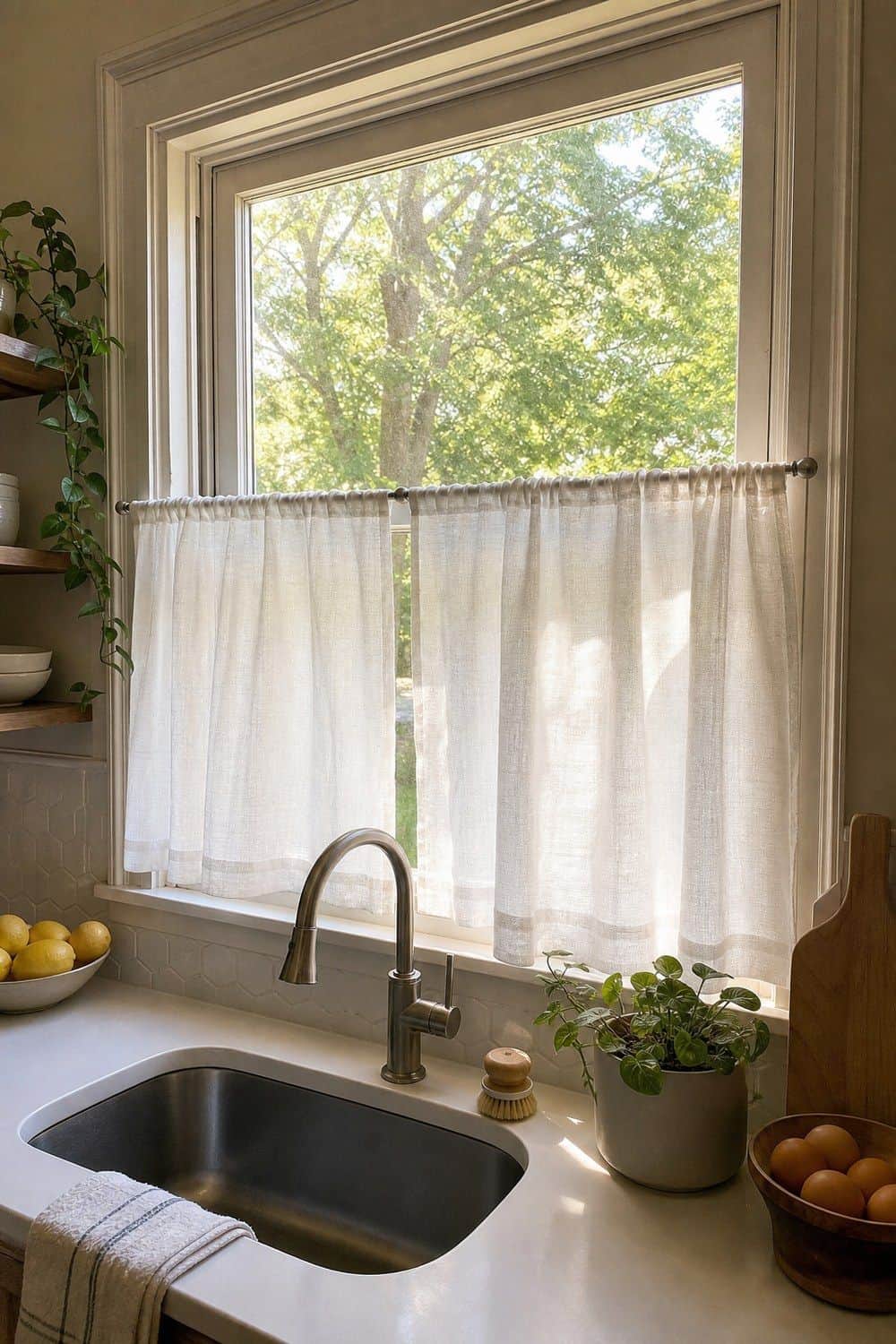 25 Summer Kitchen Decor Ideas for a Lighter Seasonal Look Linen Cafe Curtains for Softer Light in a bright, realistic summer kitchen setting