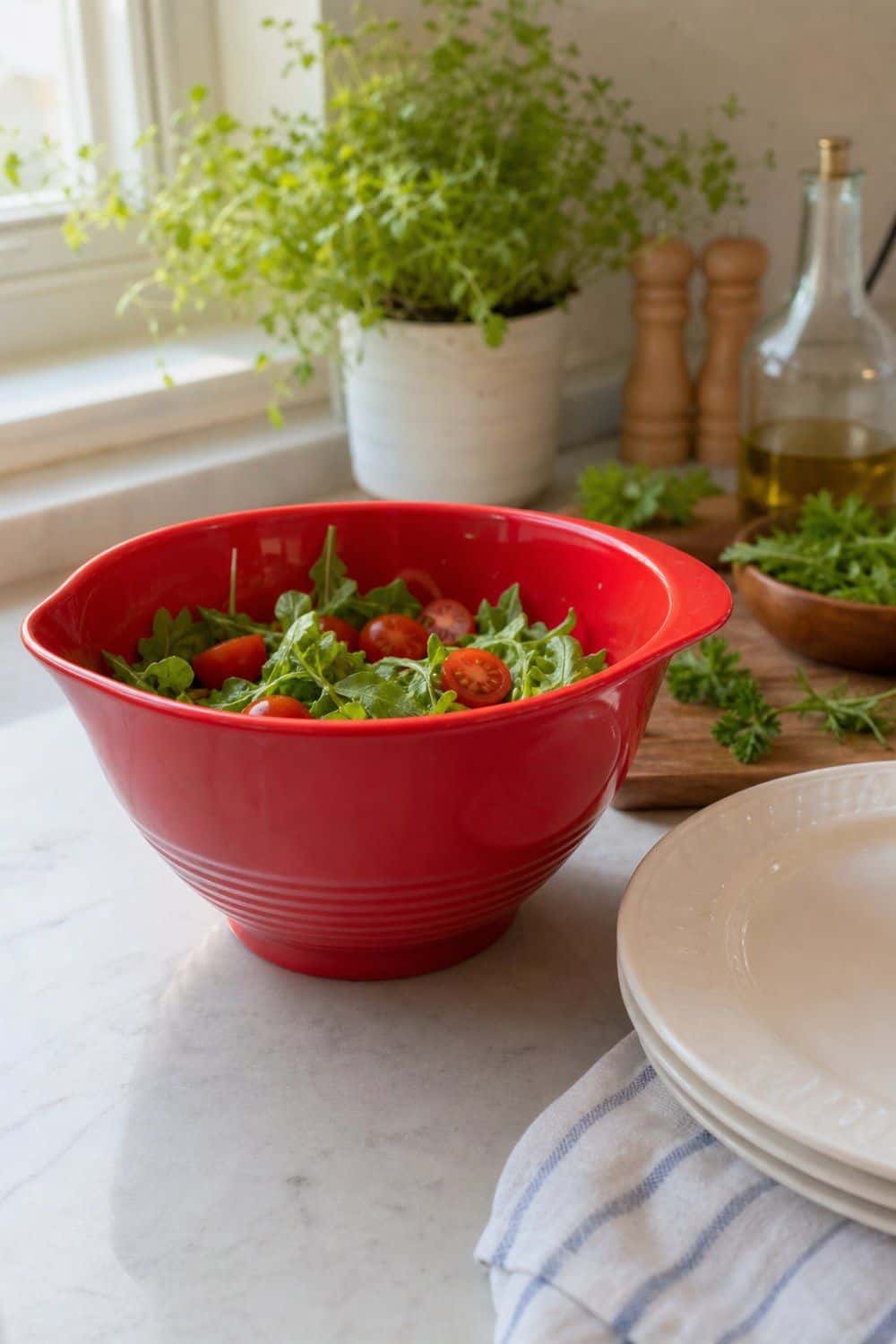25 Summer Kitchen Decor Ideas for a Lighter Seasonal Look Tomato Red Serving Bowl in a bright, realistic summer kitchen setting