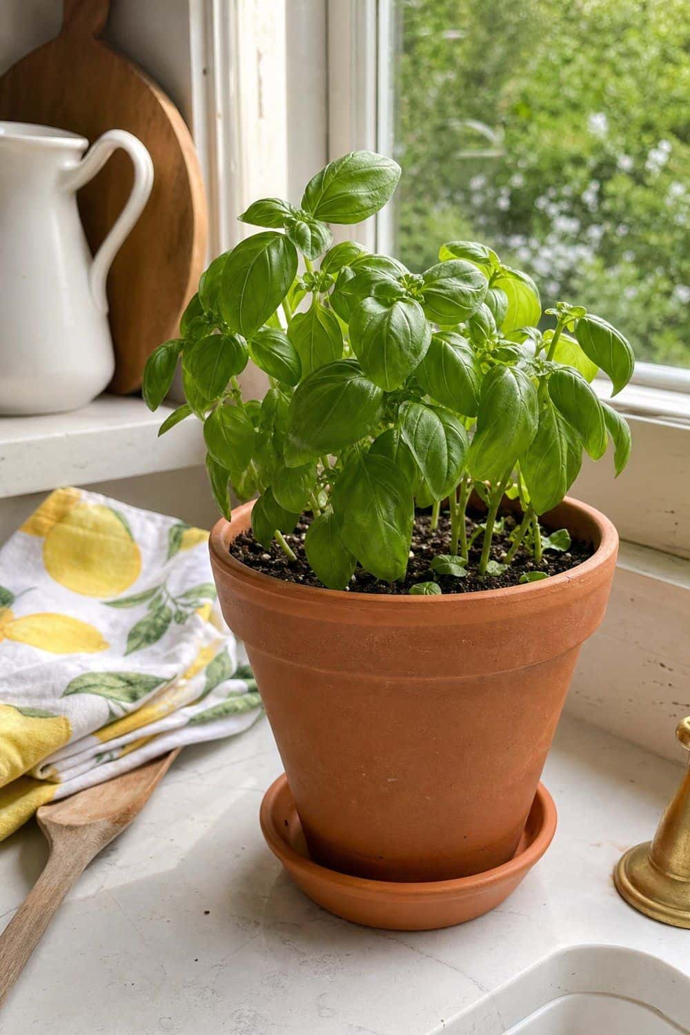25 Summer Kitchen Decor Ideas for a Lighter Seasonal Look Terracotta Planter for Basil in a bright, realistic summer kitchen setting