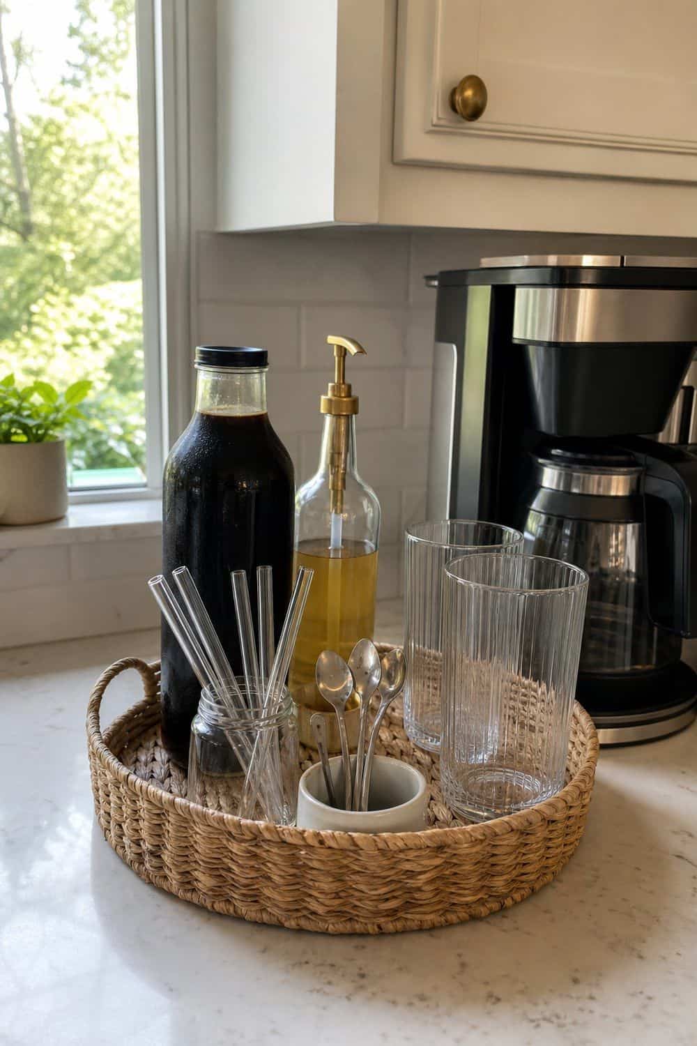 25 Summer Kitchen Decor Ideas for a Lighter Seasonal Look Iced Coffee Supplies on a Woven Tray in a bright, realistic summer kitchen setting