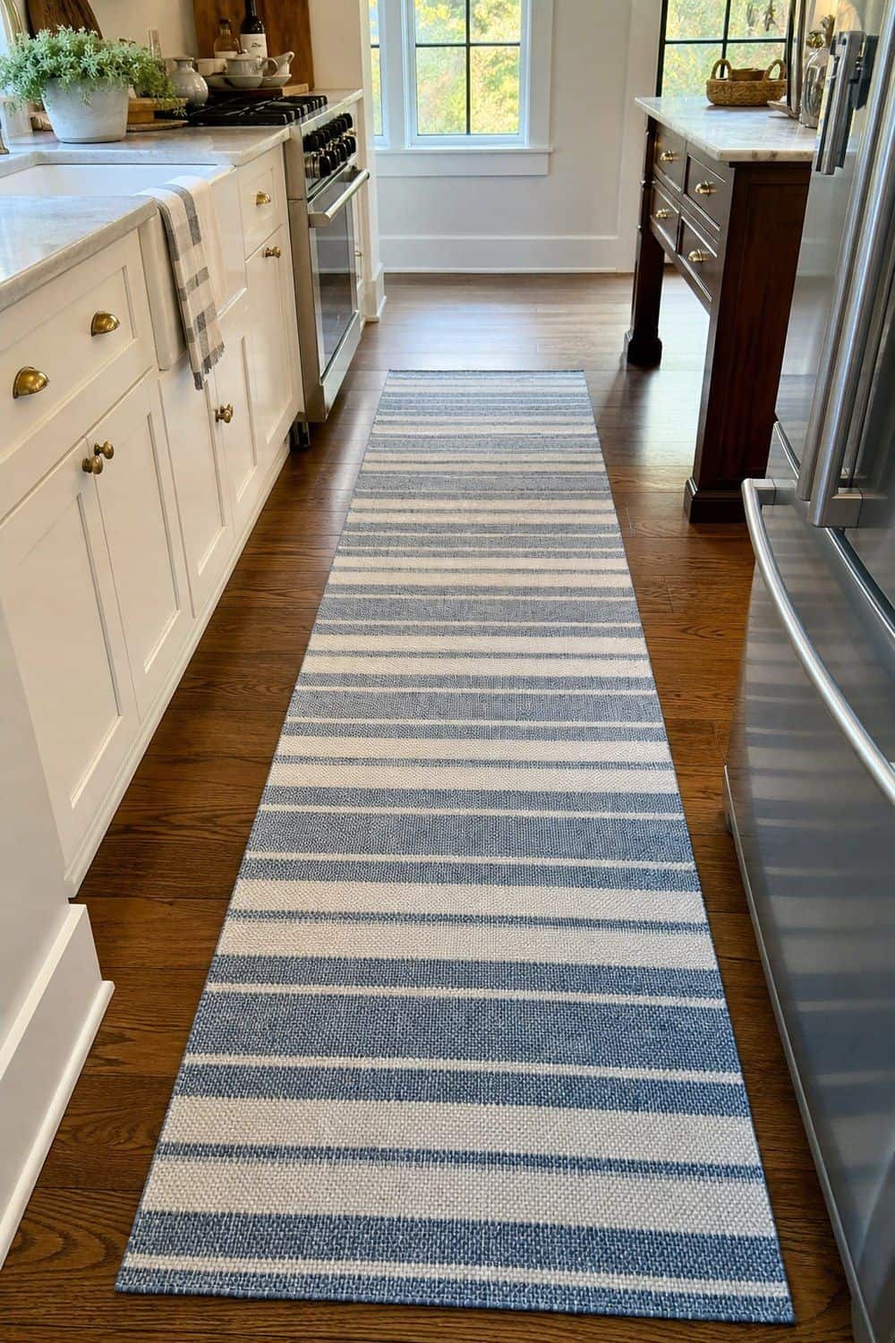 25 Summer Kitchen Decor Ideas for a Lighter Seasonal Look Striped Runner in the Main Walkway in a bright, realistic summer kitchen setting