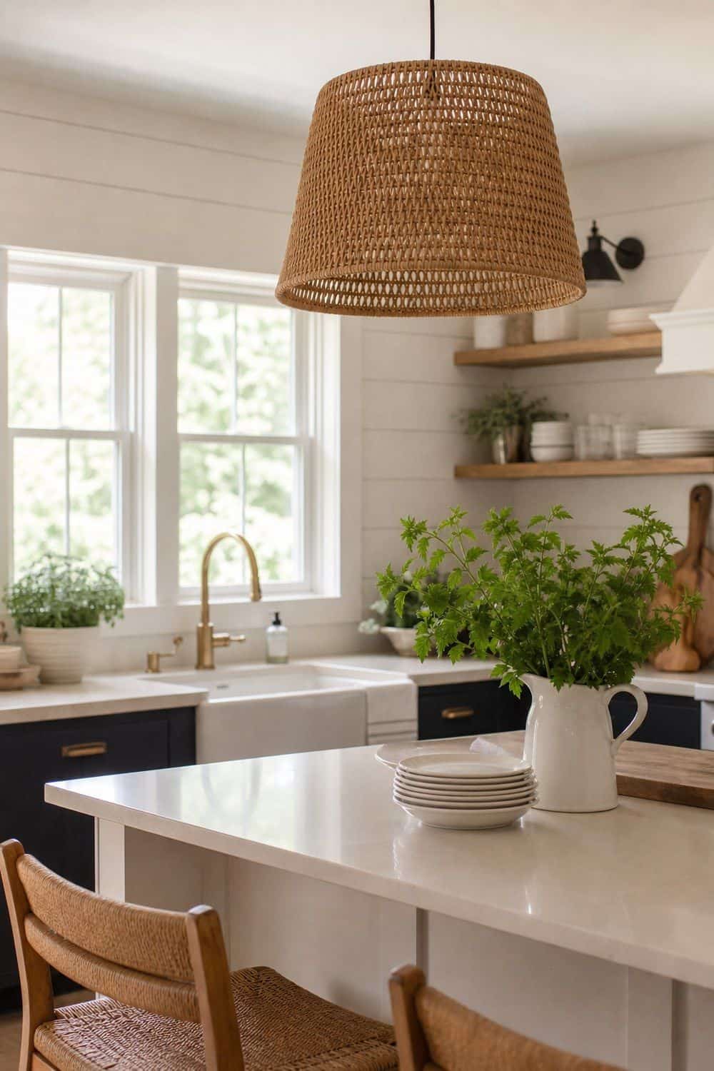 25 Summer Kitchen Decor Ideas for a Lighter Seasonal Look Rattan Pendant or Shade in a bright, realistic summer kitchen setting