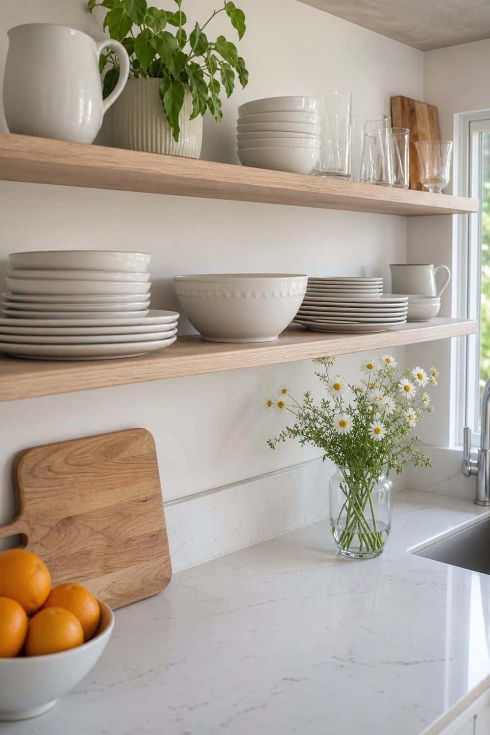 25 Summer Kitchen Decor Ideas for a Lighter Seasonal Look White Daily Dishes on Open Shelves in a bright, realistic summer kitchen setting