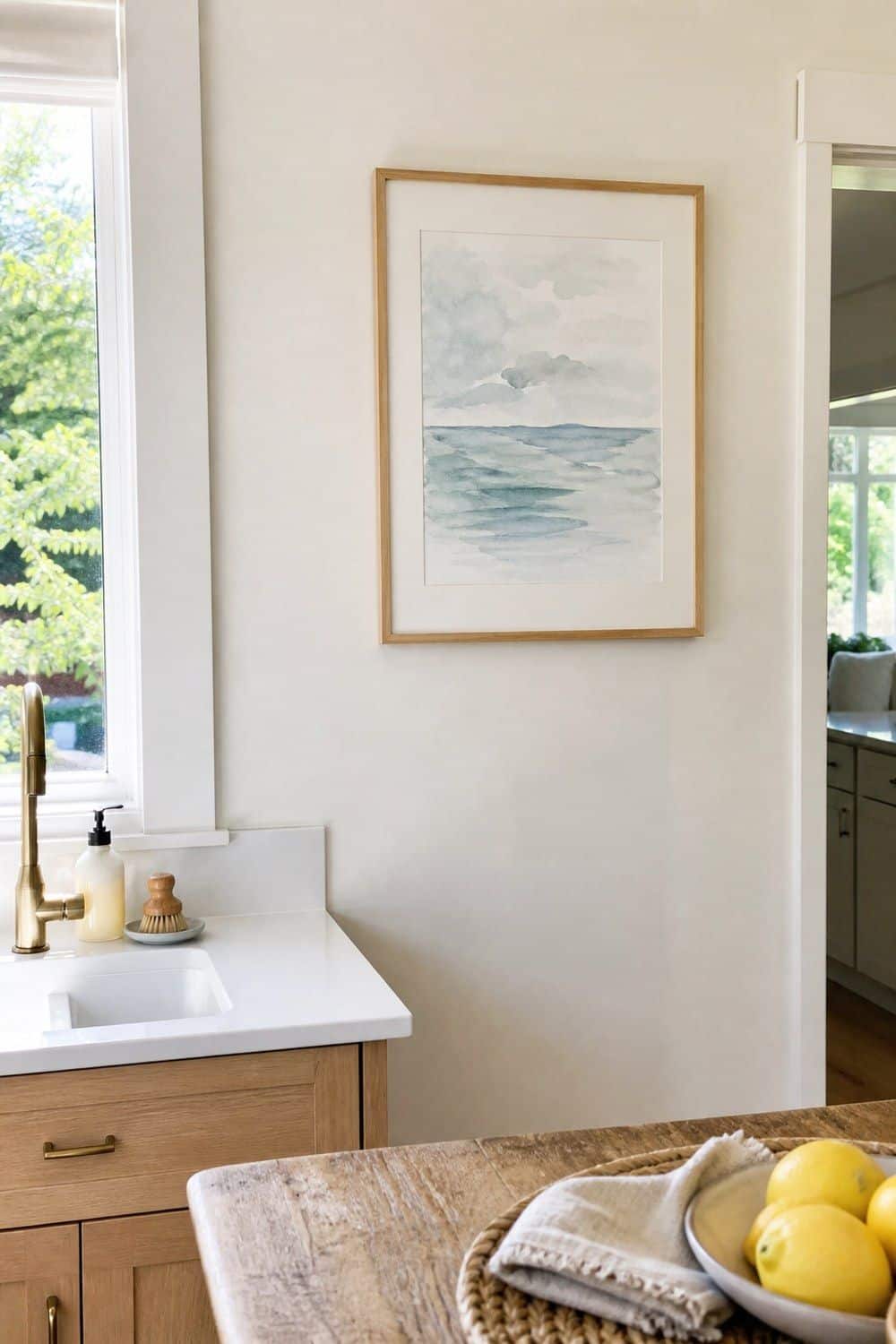 25 Summer Kitchen Decor Ideas for a Lighter Seasonal Look Coastal Art Without Nautical Motifs in a bright, realistic summer kitchen setting